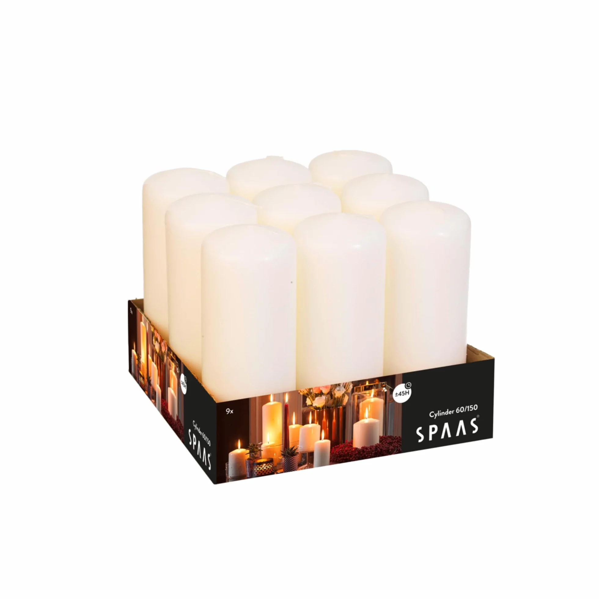 Spaas Tray of 9 Unscented Pillar Candles 60/150 mm, 45 Hours, Ivory
