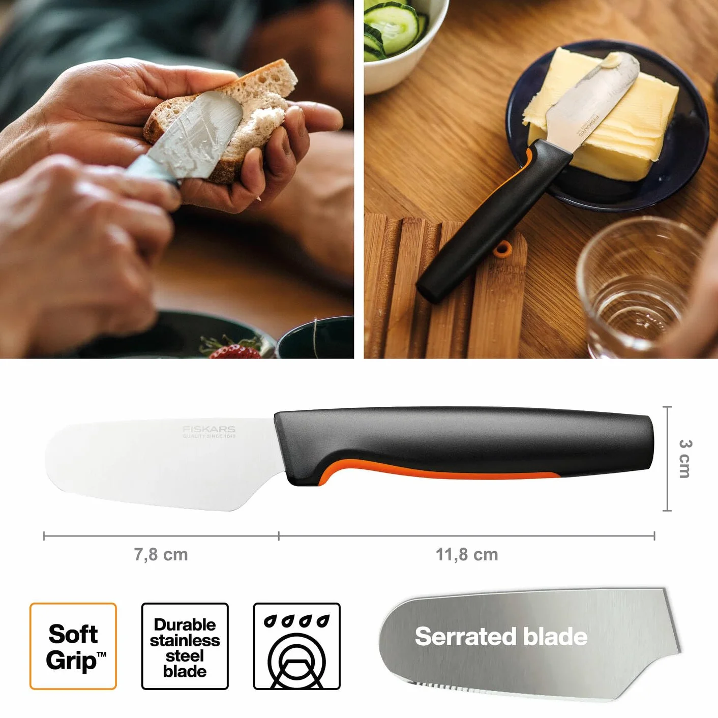 Fiskars Functional Form Nóż do Masła, Czarny/Pomarańczowy, 20 cm