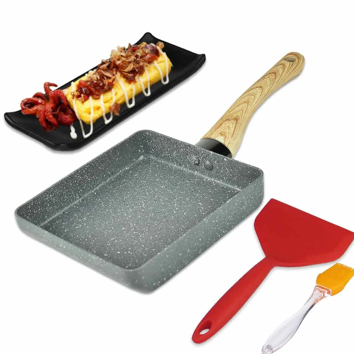 Artcome Japońska patelnia do omletów, nieprzywierająca powłoka, Tamagoyaki, prostokątna, mini patelnia, z silikonową szpatułką i pędzlem, czarnym talerzem i magiczną gąbką (szara)