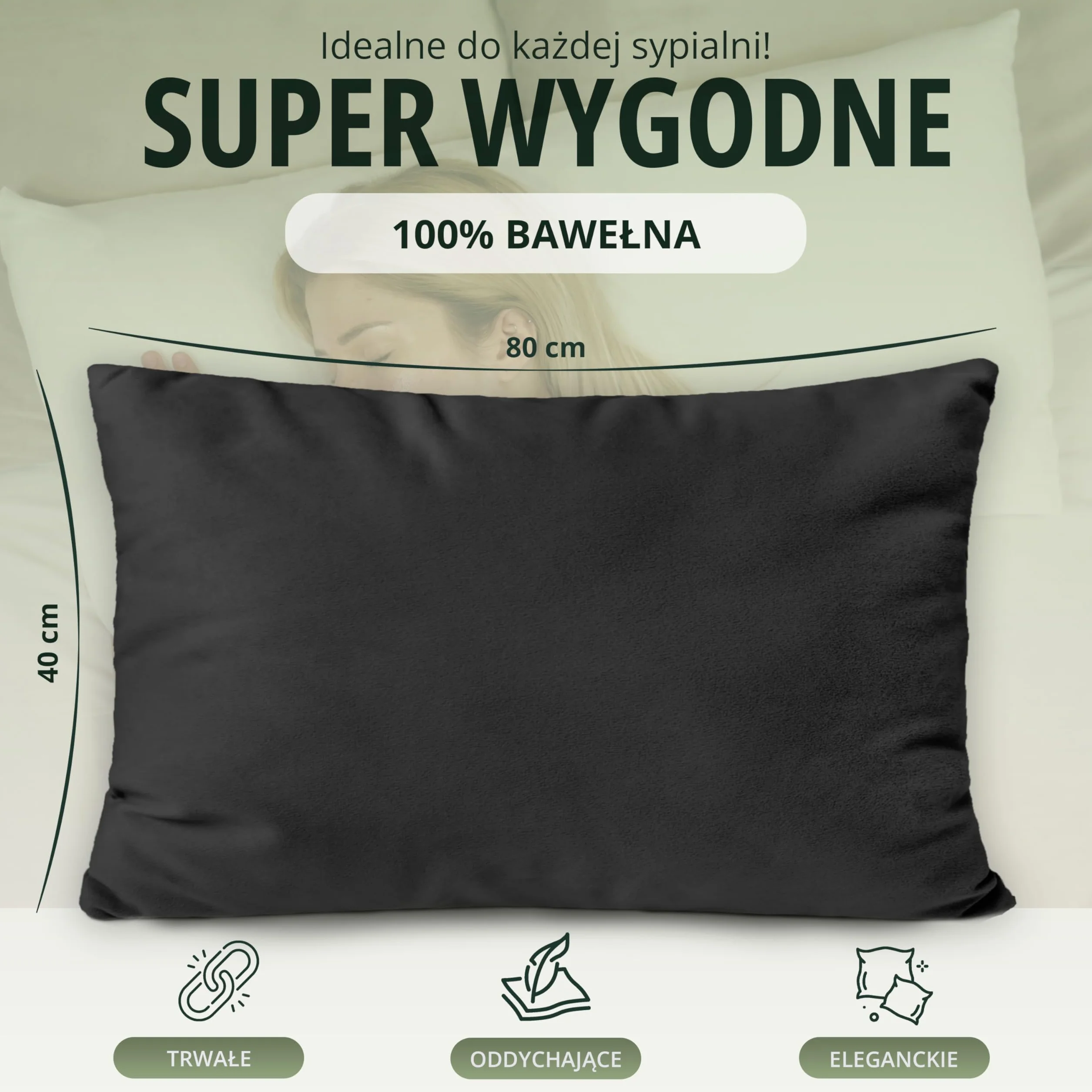 NatureMark Zestaw 2 poszewek na poduszkę z dżerseju, poszewka na poduszkę, poduszka do spania na boku, wiele rozmiarów i kolorów, Öko-Tex (40 x 80 cm, czarna)