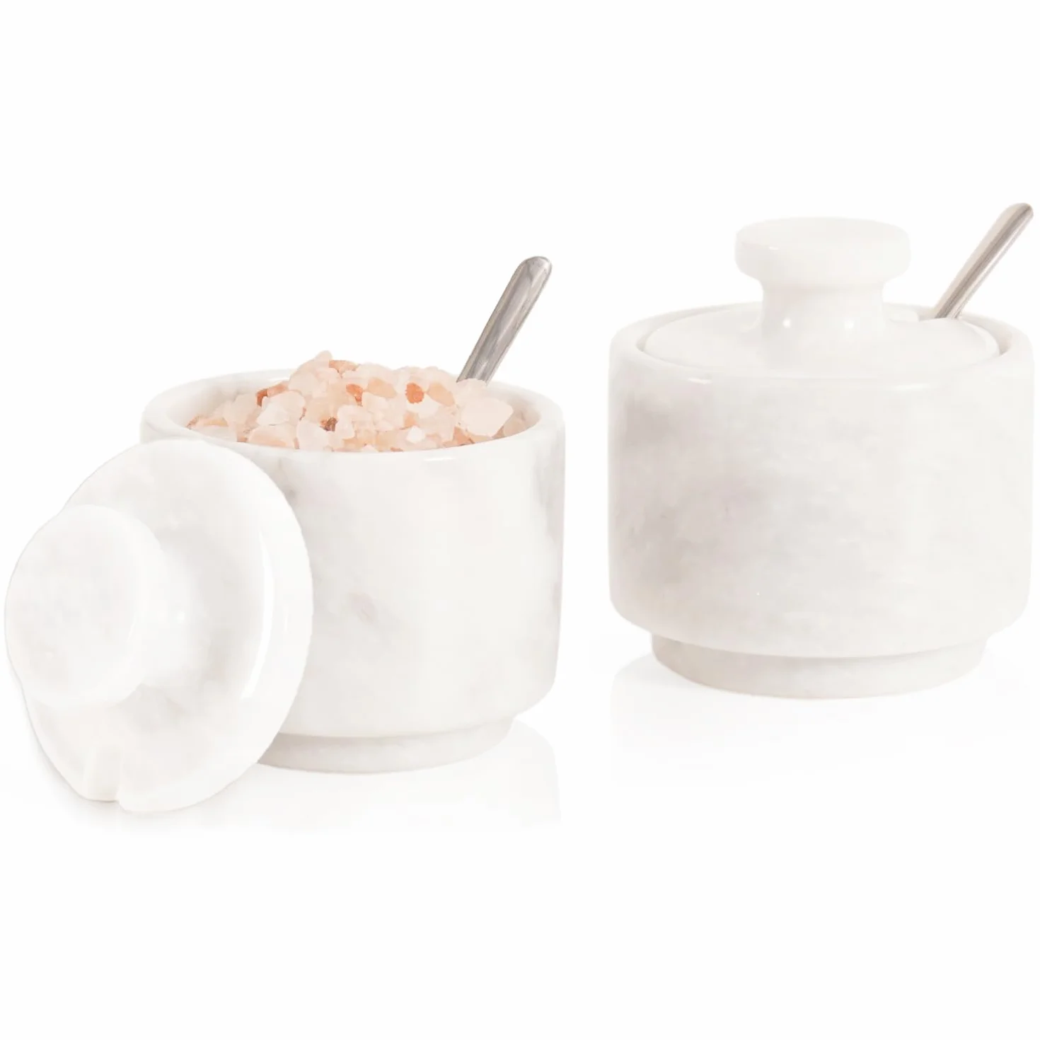 MARBLOUS KRAFTS Marmurowa piwnica na sól z pokrywką i łyżką 7 cm biała cukiernica