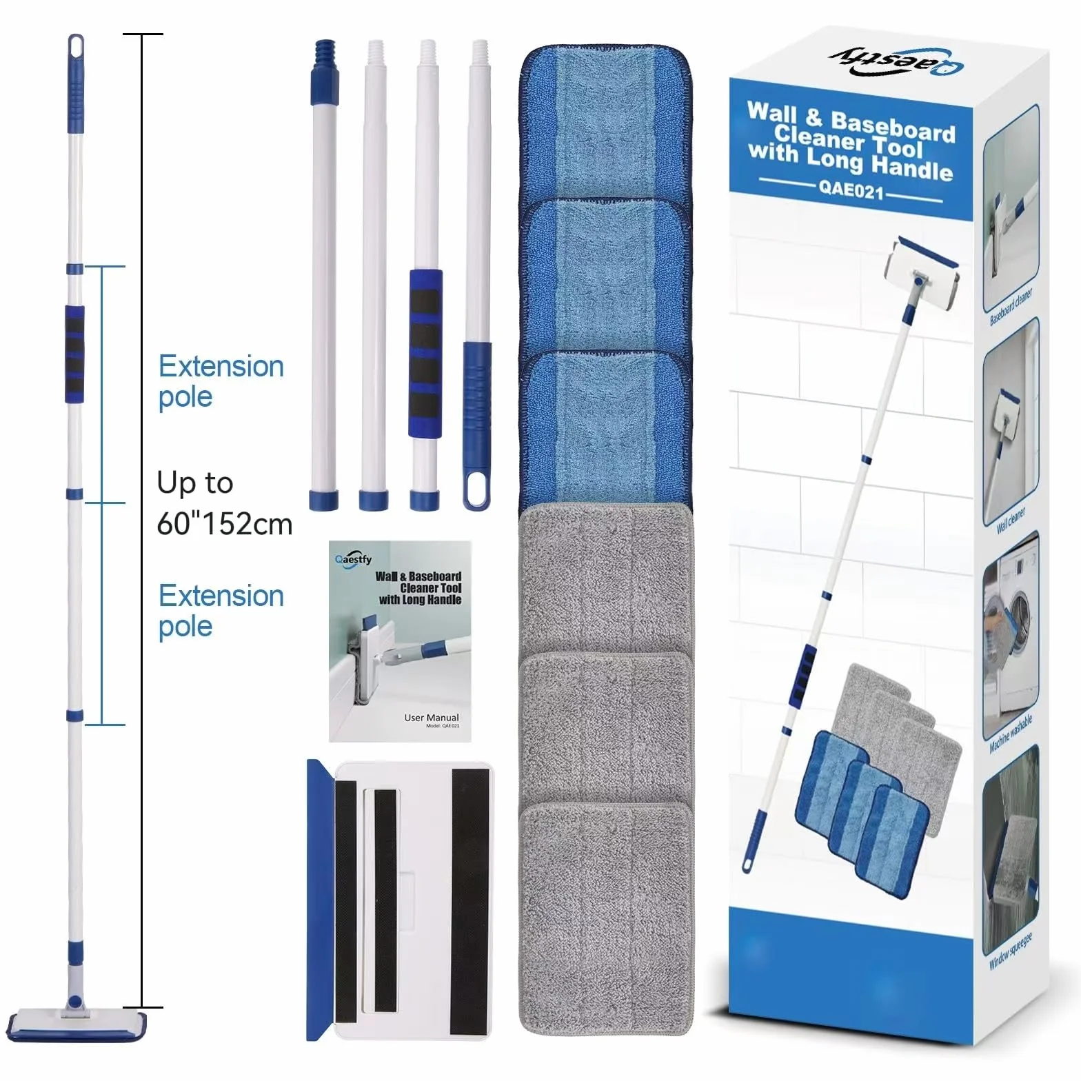 Myjka do płytek z aluminiową rączką 152 cm, urządzenie do czyszczenia ścian, mop do okien teleskopowy, zestaw 6