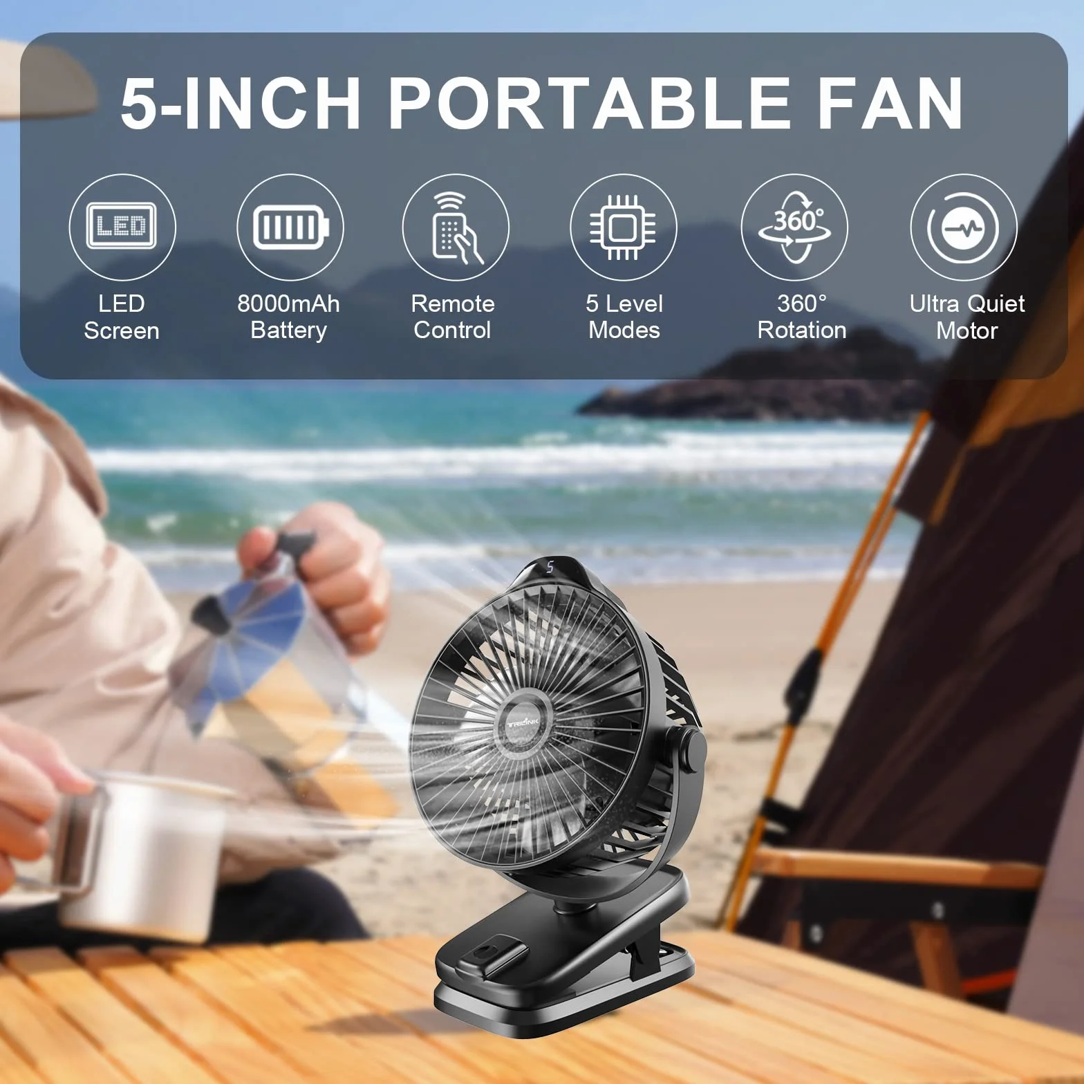 8000mAh Rechargeable USB Desk Fan Clip on Fan z pilotem i wyświetlaczem LED, 5 prędkości 360° Obrót, Mini wentylator biurkowy