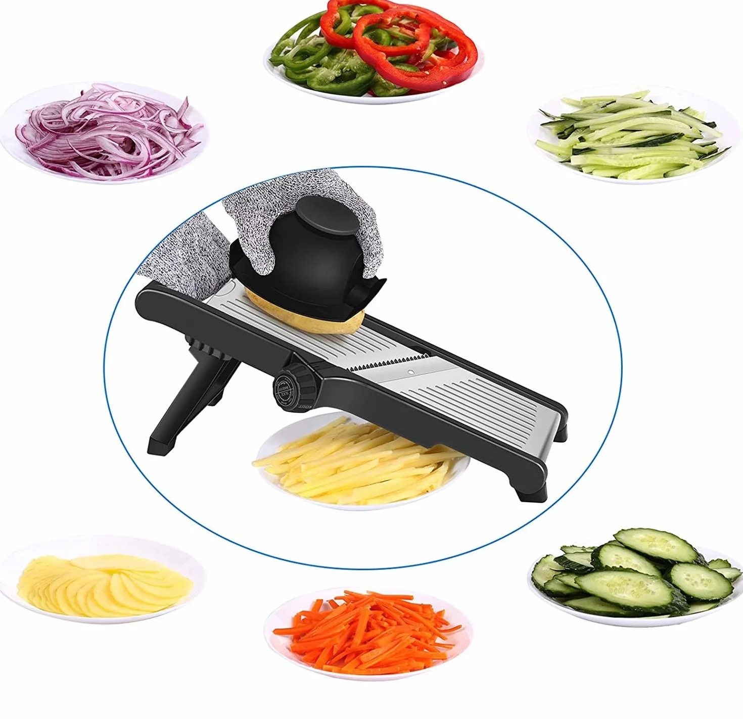Krajalnica mandolina do warzyw ze stali nierdzewnej regulowana 1-9 mm z rękawiczkami ochronnymi