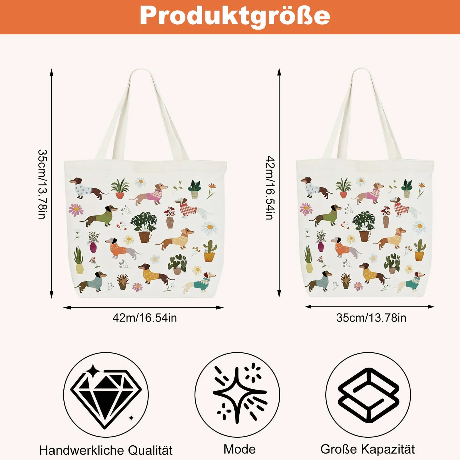 Worek jutowy, 2 sztuki, torba materiałowa, torba z jamnikiem, 40 x 35 cm, worek jutowy z długimi uchwytami, dla miłośników zwierząt, w podróży, na co dzień