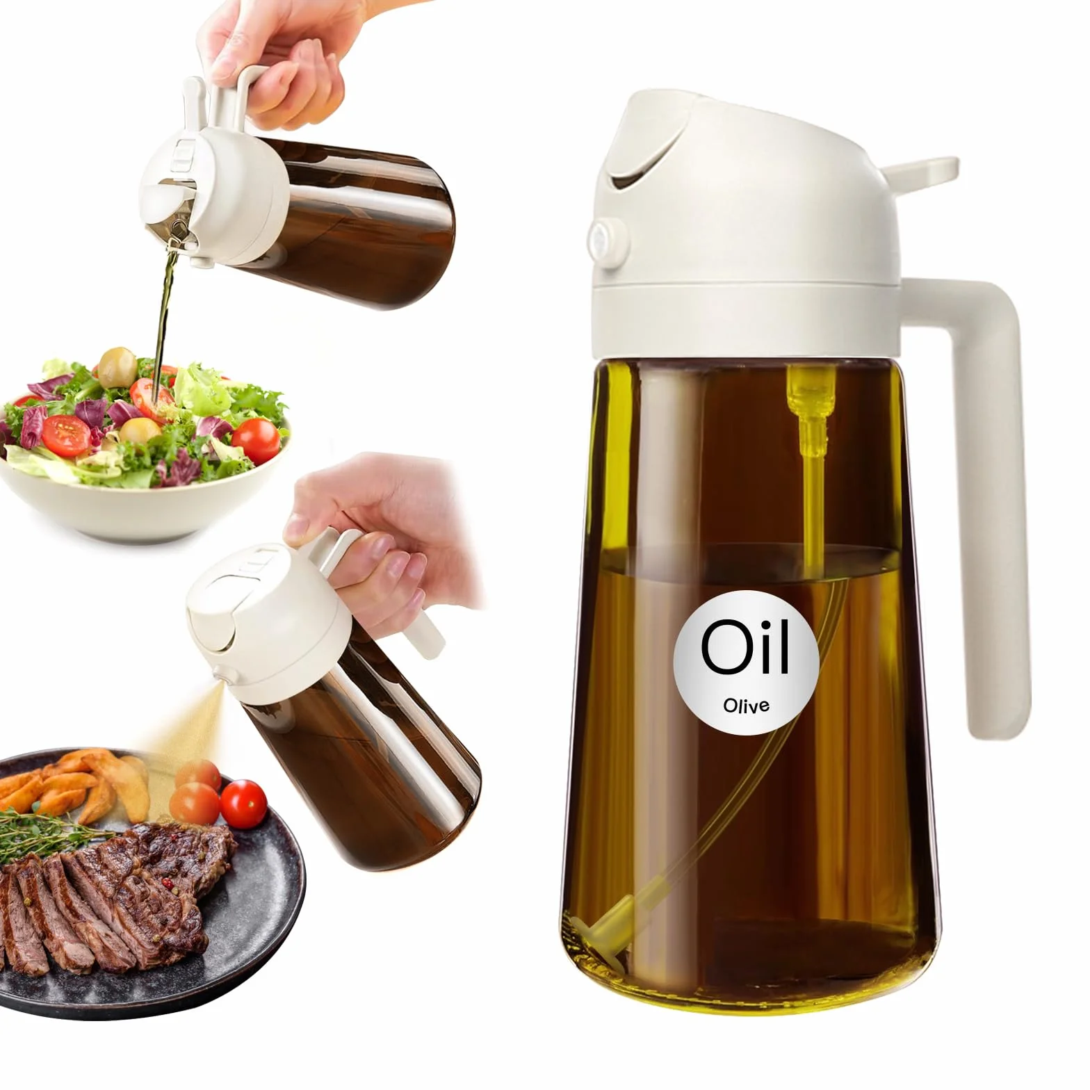 YARRAMATE blokujący światło rozpylacz ciemnego oleju do gotowania, 2 w 1 spryskiwacz do oleju do gotowania, 470 ml szklana butelka na olej, dozownik oleju i do kuchni smażenia BBQ (biały)