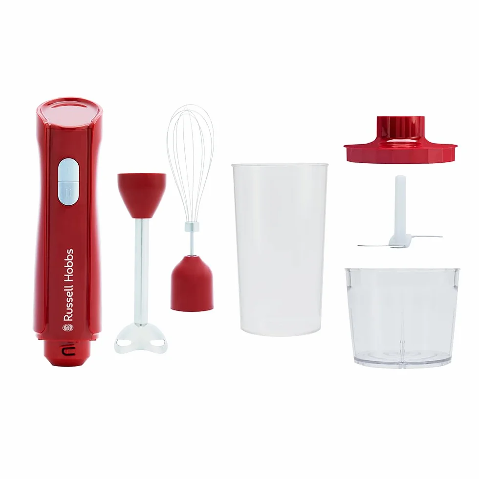 Russell Hobbs Blender ręczny [3w1: blender, trzepaczka i ostrza do siekania] Desire Red (pojemnik 600ml, akcesoria można myć w zmywarce, ostrza ze stali nierdzewnej, do koktajli, zup, sosów) 27142-56