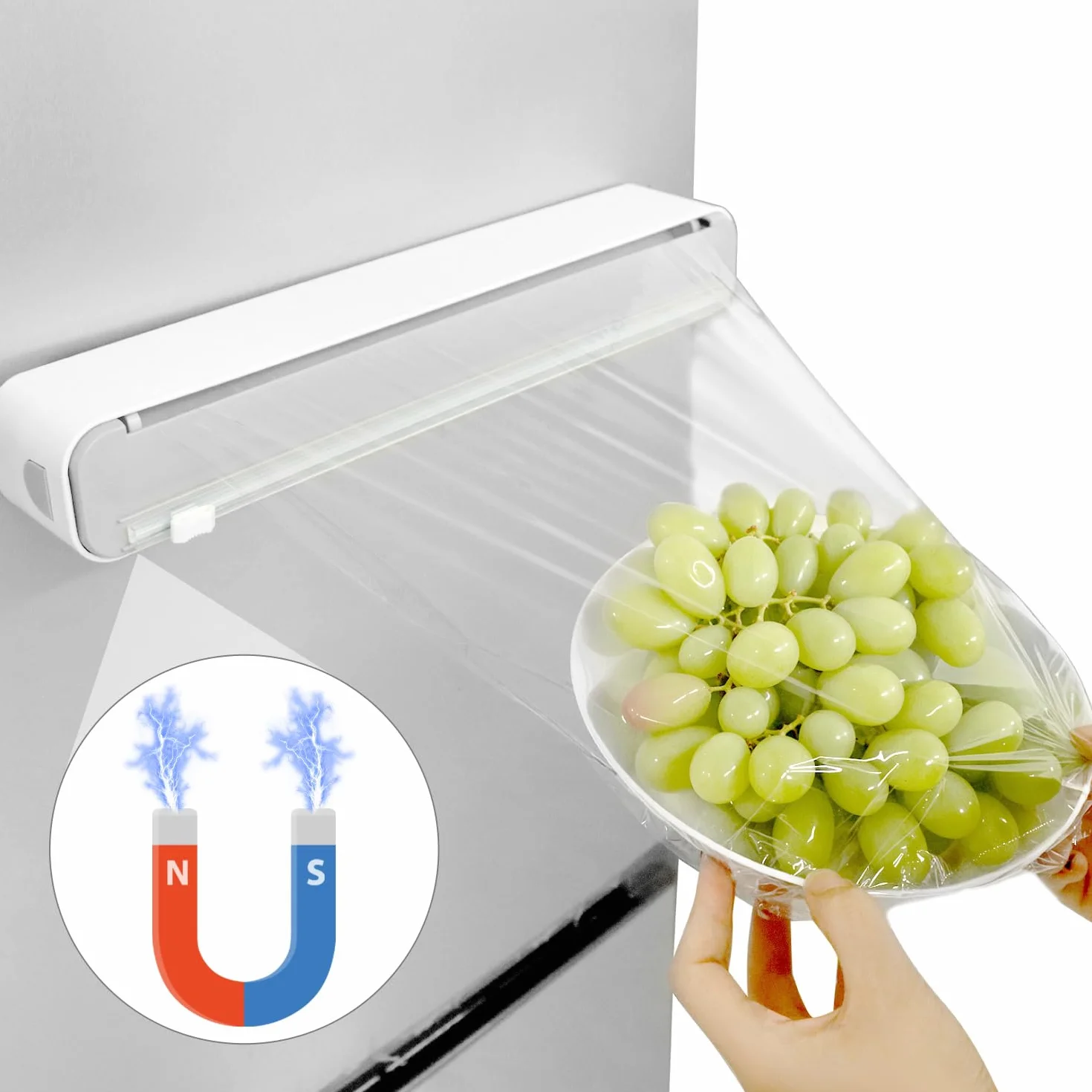 QWORK® Magnetyczny dozownik folii spożywczej, dozownik folii z funkcją cięcia, do montażu na ścianie, z folią spożywczą 50 m