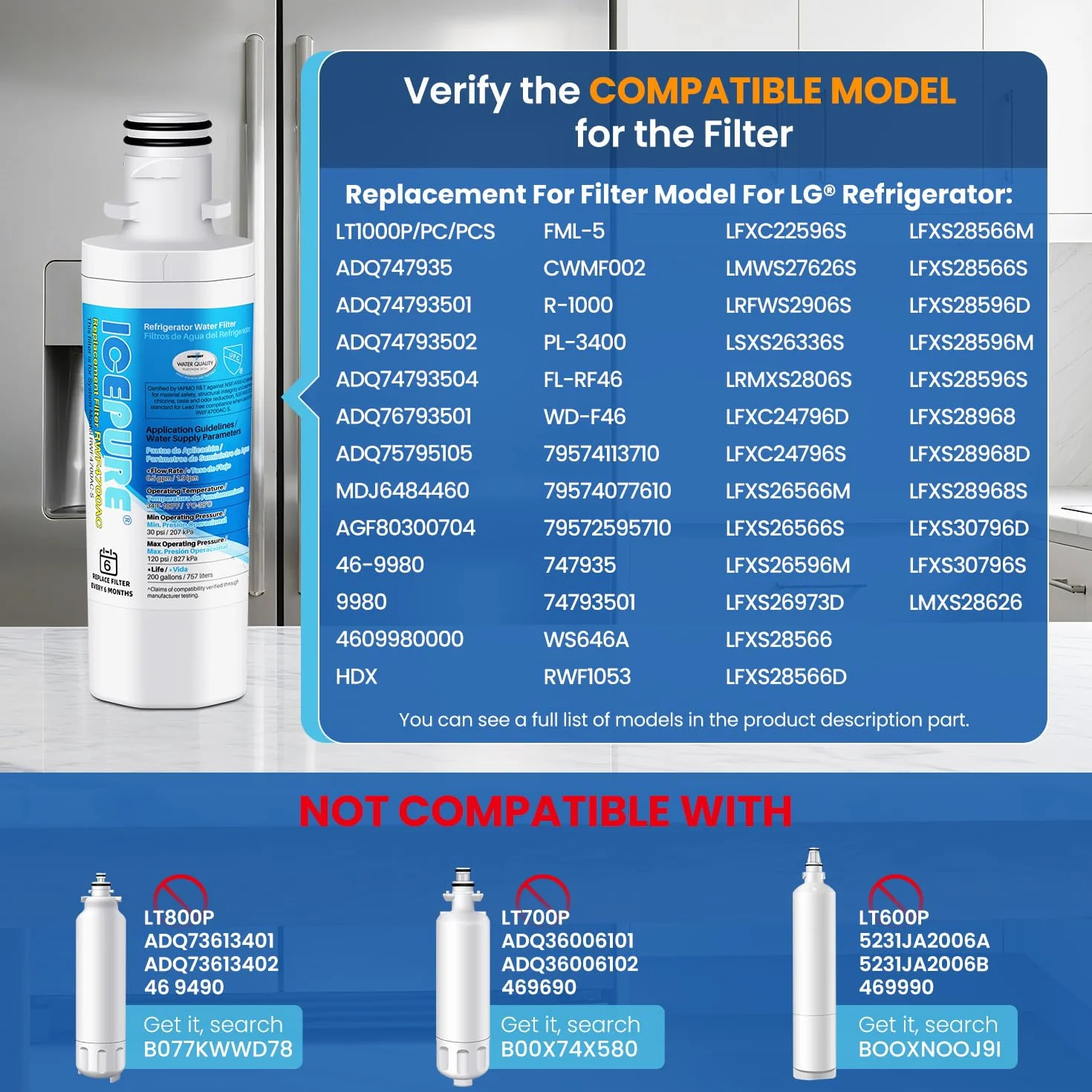 ICEPURE Filtr wody do lodówki LG LT1000P Kenmore 46-9980 ADQ74793501 LT120F biały, 3 sztuki