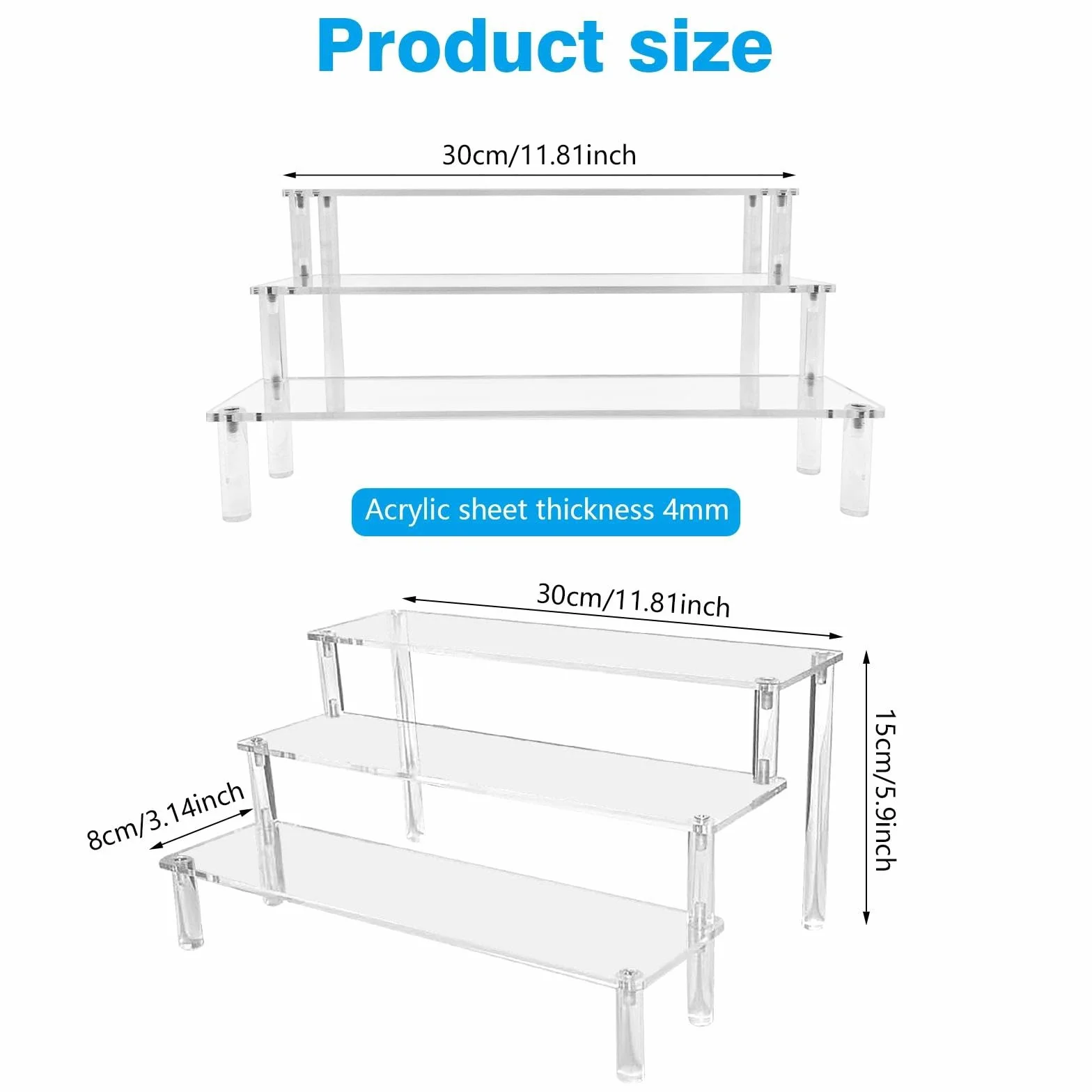 3‑poziomowa półka ekspozycyjna z akrylu – 30x21x15 cm przezroczysty organizer na perfumy z akrylu o grubości 4 mm, do figurek, biżuterii, babeczek, pomadek i lakierów do paznokci