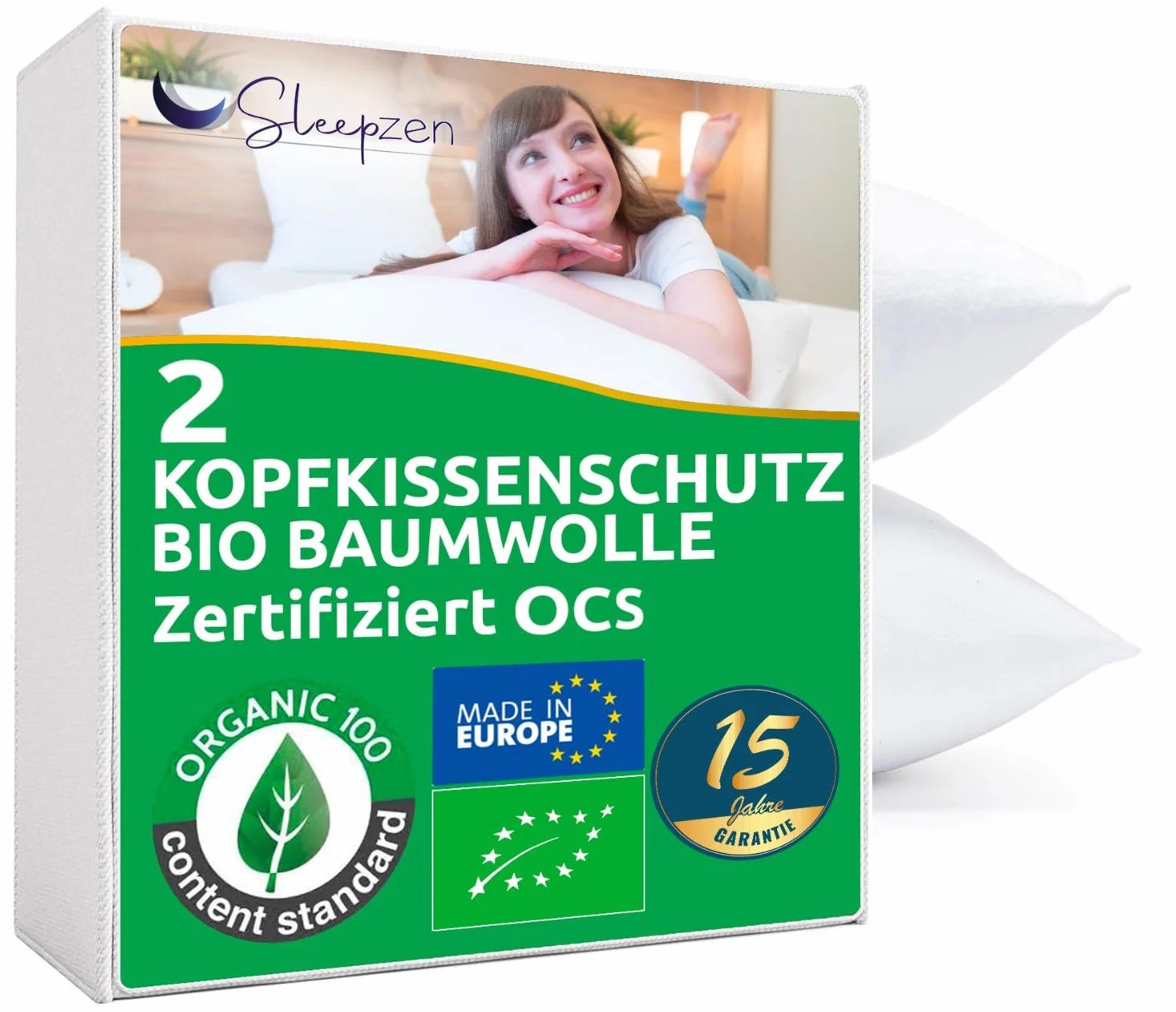 Chłonna poszewka na poduszkę 80 x 80 cm, bawełna organiczna z certyfikatem OCS®, niewodoodporna, zestaw 2 sztuk, wyprodukowano w Europie, oddychająca bawełna polarowa, poszewka na poduszkę, zamknięcie