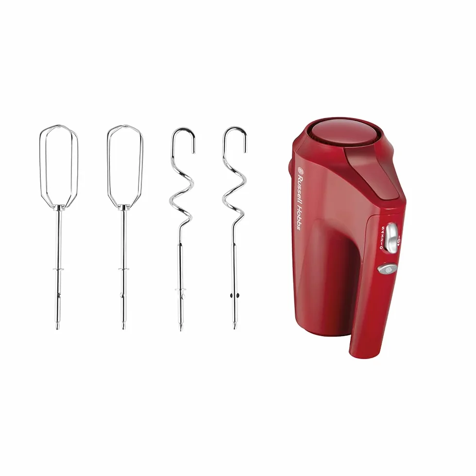 Russell Hobbs Mikser ręczny [Blender ręczny] Desire Red (5 Prędkości + Funkcja pulsacyjna, 2 Chromowane trzepaczki i haki do ciasta, Możliwość mycia w zmywarce, duża moc 350W) 27152-56