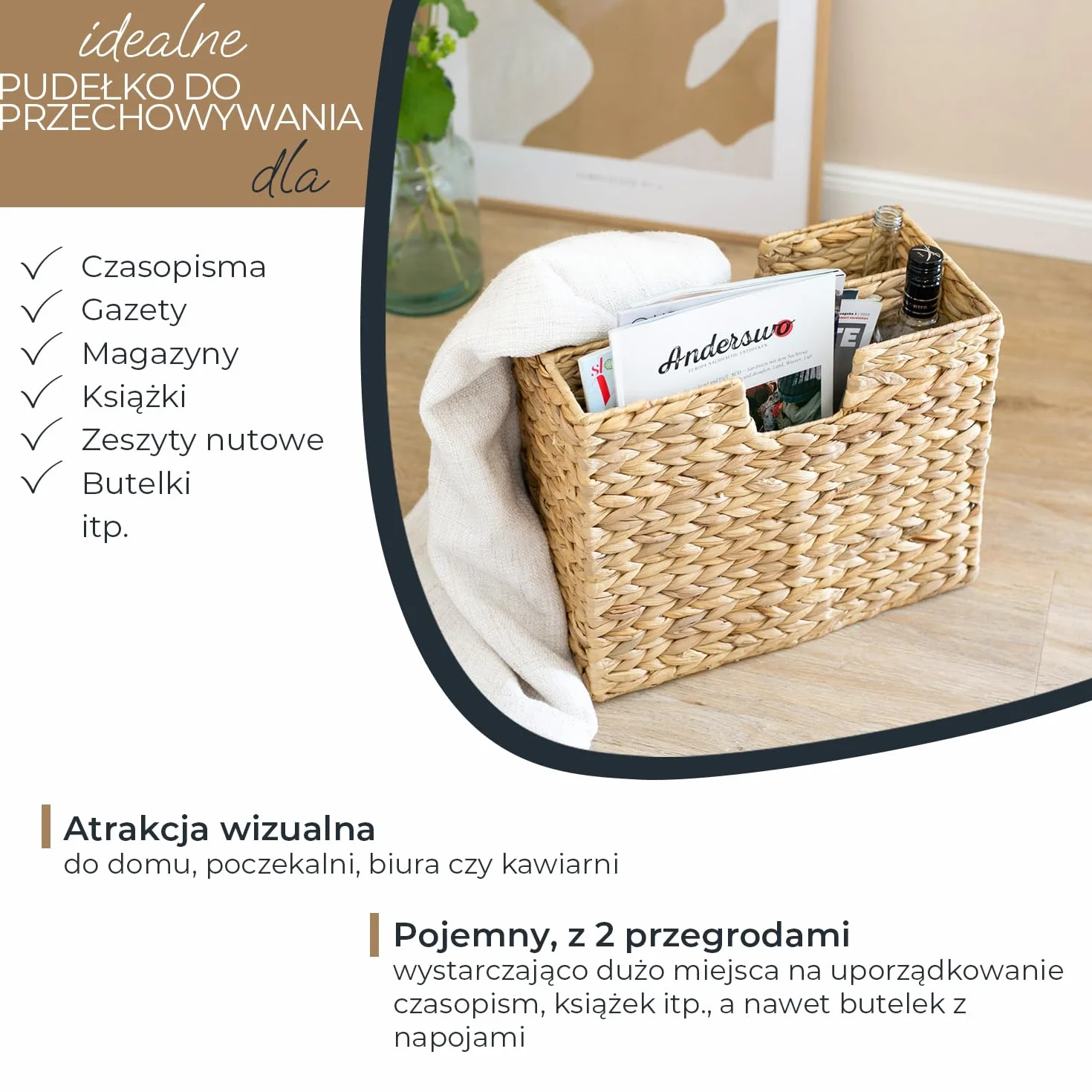 HMF Stojak na gazety, pleciony kosz na gazety z hiacyntu wodnego, 2 przegródki, 40 x 20 x 33 cm