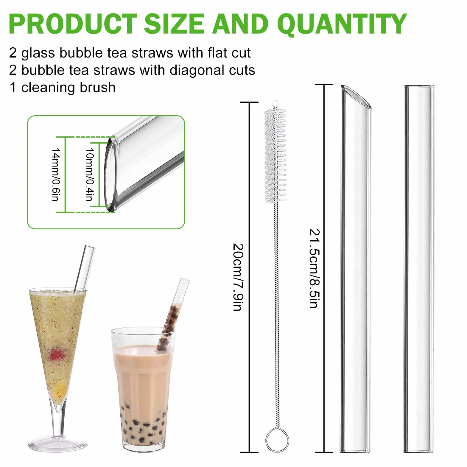 HXC 4 sztuki szklane słomki do herbaty bubble tea 14 mm o dodatkowo dużej grubości, szklane słomki do herbaty bubble tea wielokrotnego użytku, słomki do boba tea ze szczotkami do czyszczenia, szklane