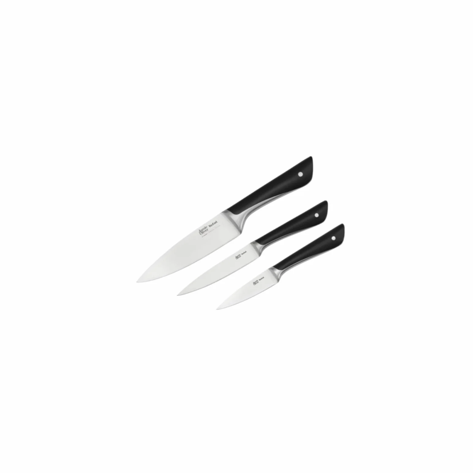 TEFAL K267S3 Jamie Oliver 3-częściowy zestaw noży | nóż szefa kuchni | nóż uniwersalny | wysoka wydajność cięcia | niepowtarzalny design | wytrzymałe ostrza | stal nierdzewna/czarna