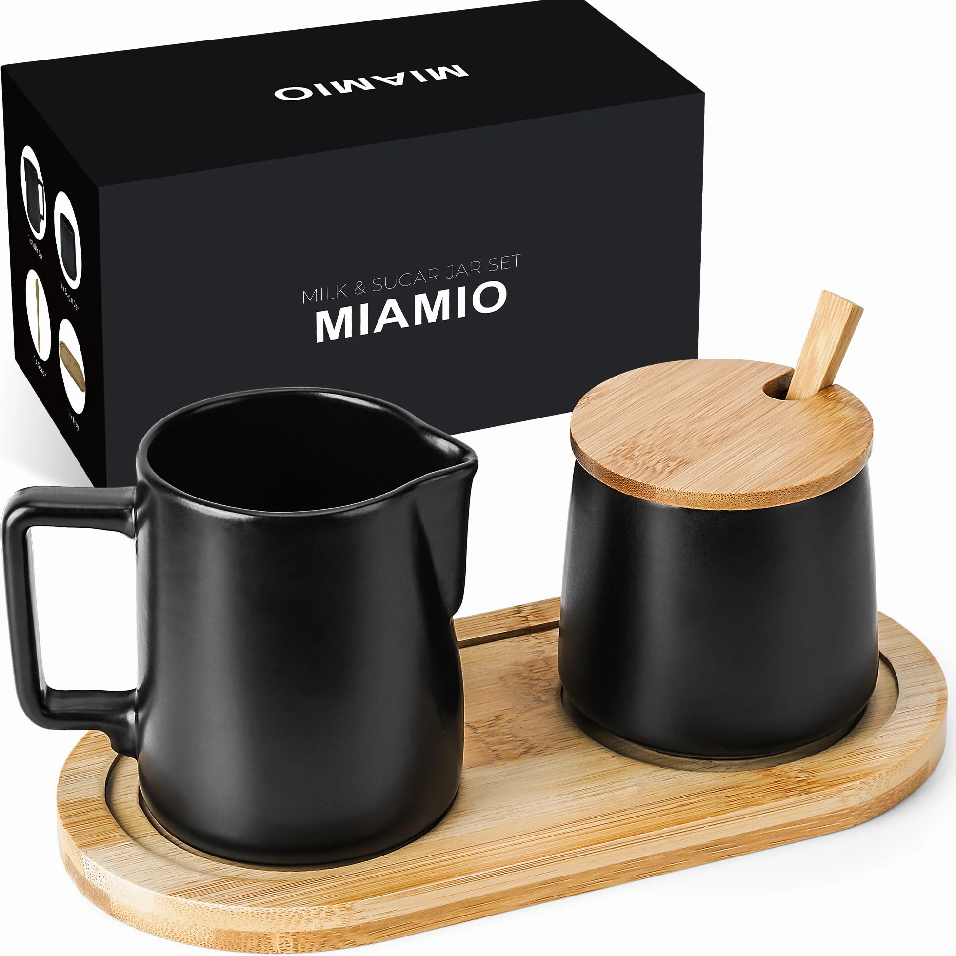 MIAMIO Zestaw do serwowania cukru i śmietany z pokrywką i łyżką/ceramicznymi akcesoriami do baru kawowego - nadaje się do kuchenki mikrofalowej i zmywarki (czarny)