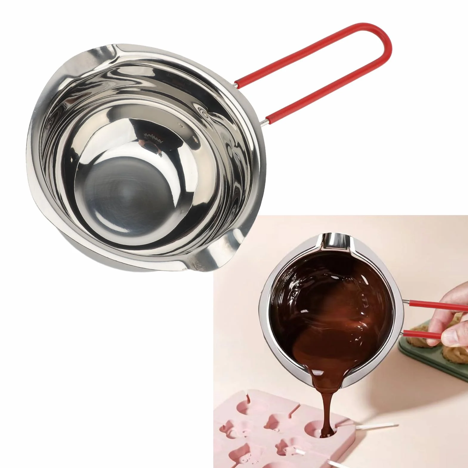 Tygiel do Czekolady o Pojemności 500 Ml, Solidna Miska ze Stali Nierdzewnej 304 na Masło Serowe, do Robienia świec, Podwójne Wylewki, Fajne Uchwyty, z Haczykiem, do Użytku z