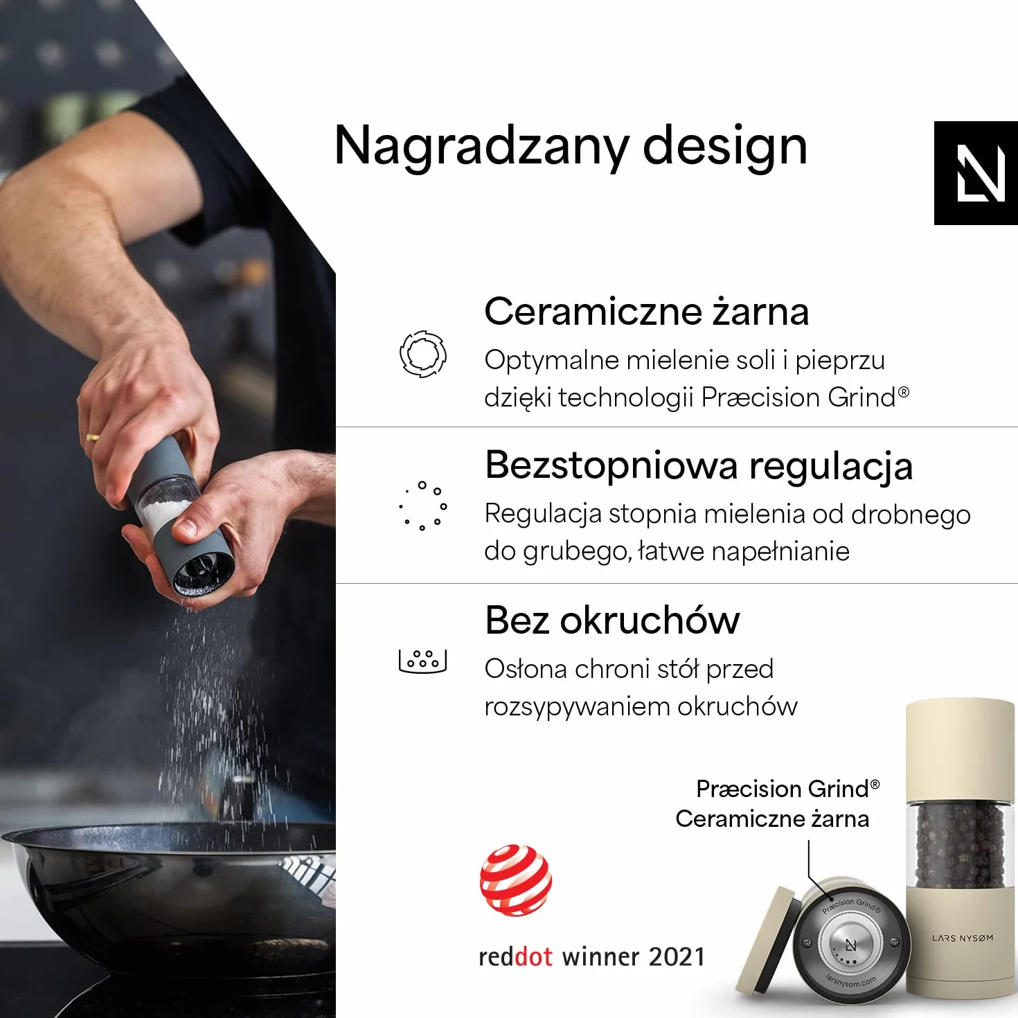 LARS NYSØM Zestaw młynków do soli i pieprzu ze stali nierdzewnej z ceramicznym mechanizmem 2 sztuki Almond Beige