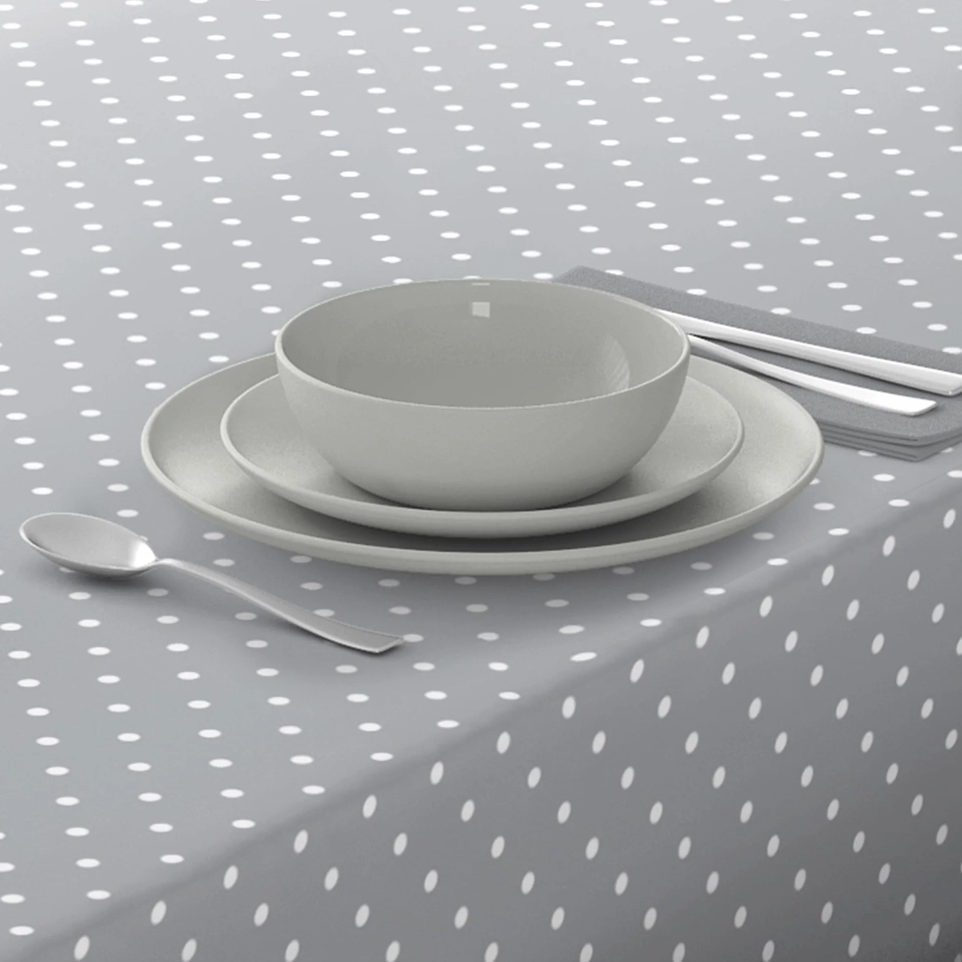 Home Direct Cerata, Obrus przeciw plamom, Obrus jadalny i stół kuchenny PVC odporny na plamy wodoodporny, małe kropki prostokątny 140 x 180 cm jasnoszary