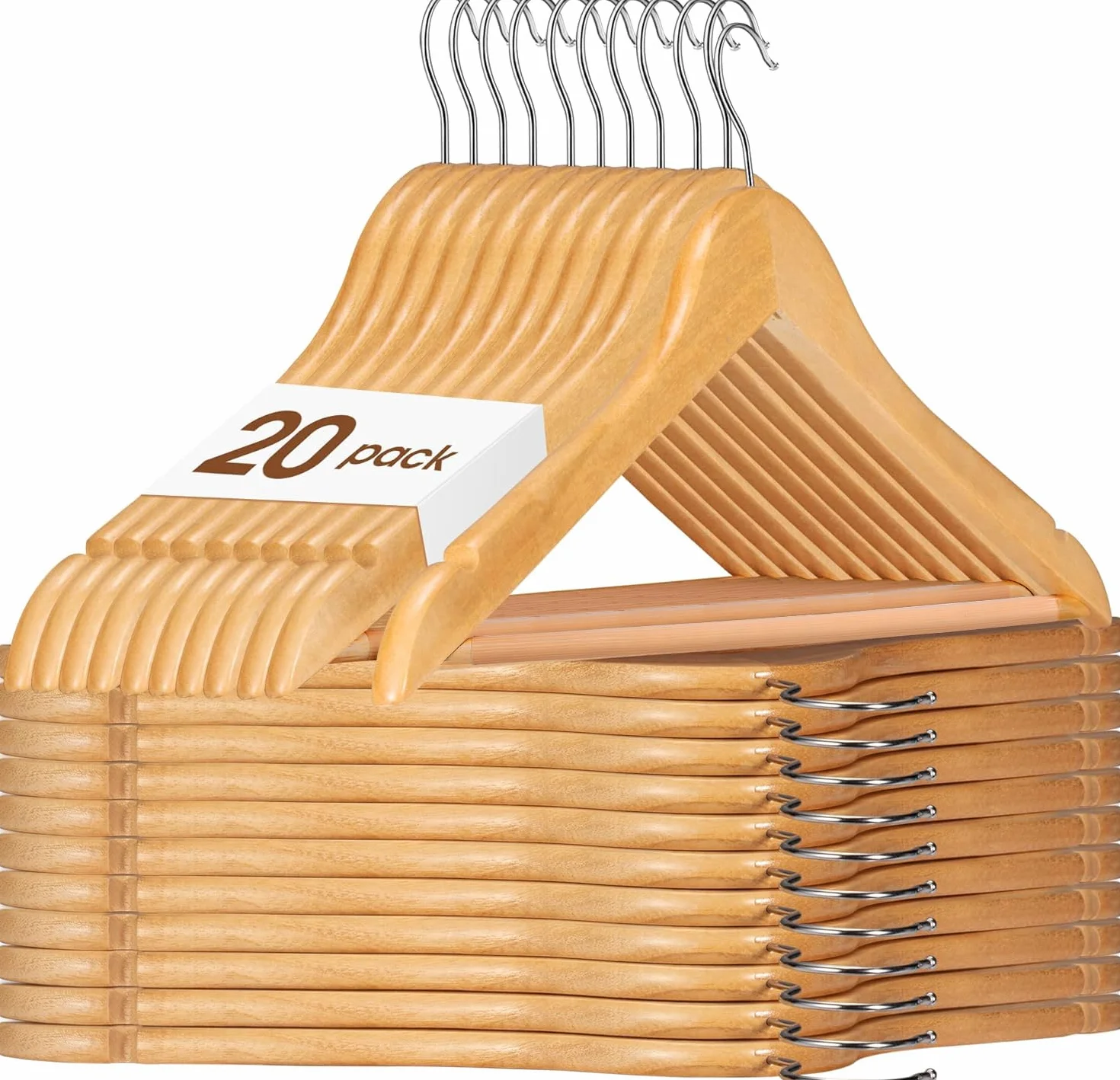 HOUSE DAY Zestaw drewnianych wieszaków 45 cm 20 szt. antypoślizgowe chromowany haczyk
