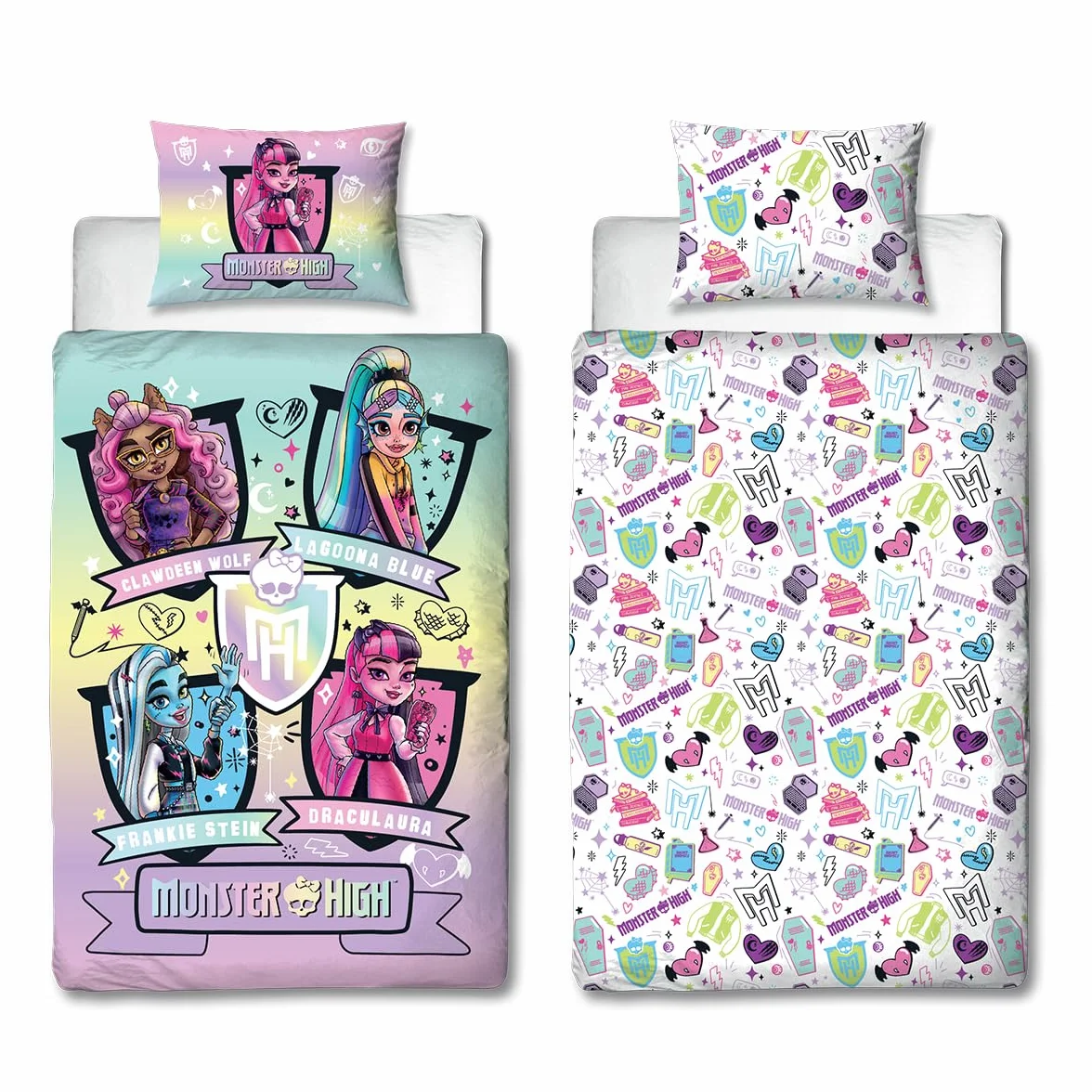 Character World Monster High oficjalnie licencjonowany zestaw poszewek na kołdrę z motywem dzikiego designu, dwustronna, 2-stronna pościel dla lalek z pasującą poszewką na poduszkę, idealna do