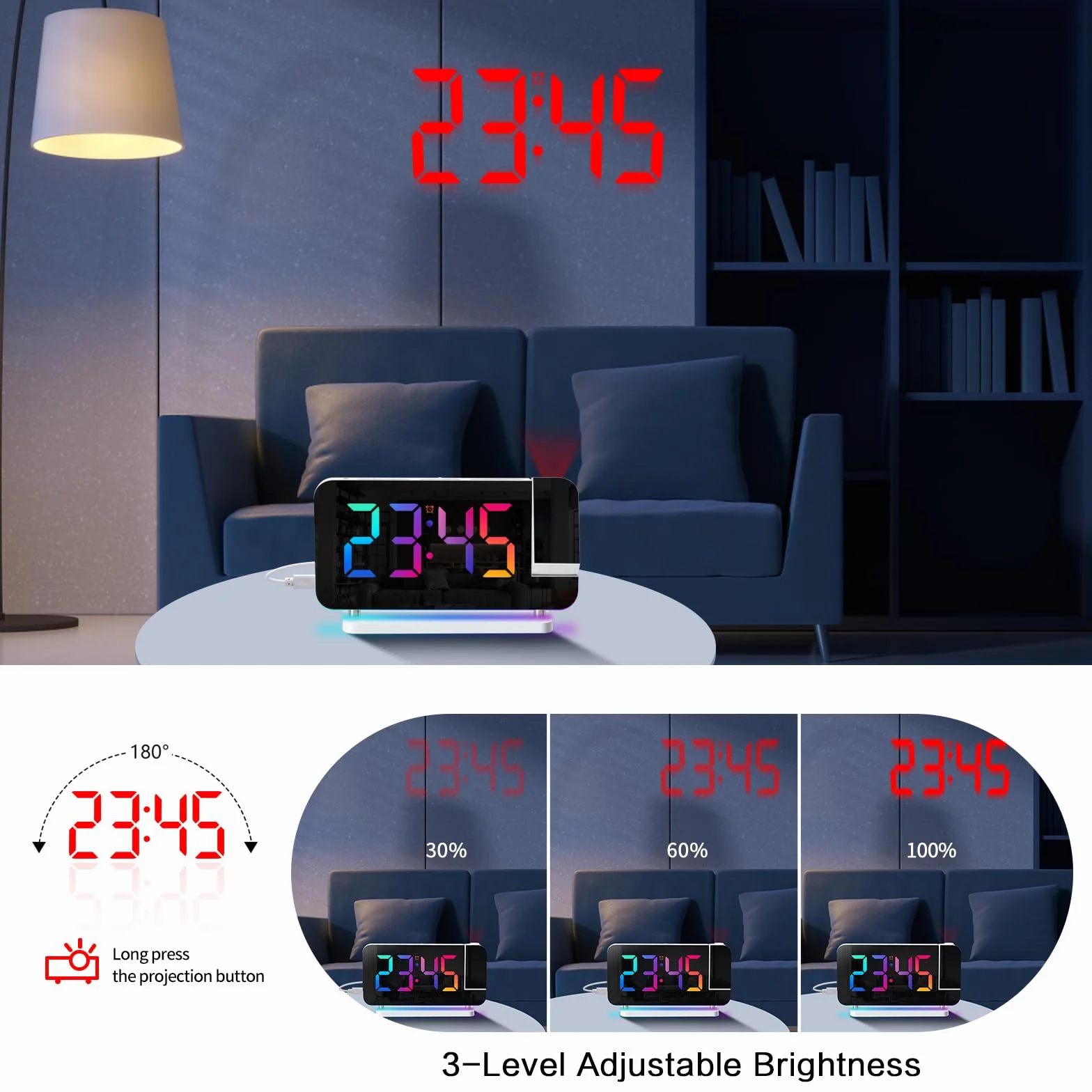 ThreeH Budzik LED RGB z projektorem lustrzany Auto Dimming podwójny port USB lampka nocna