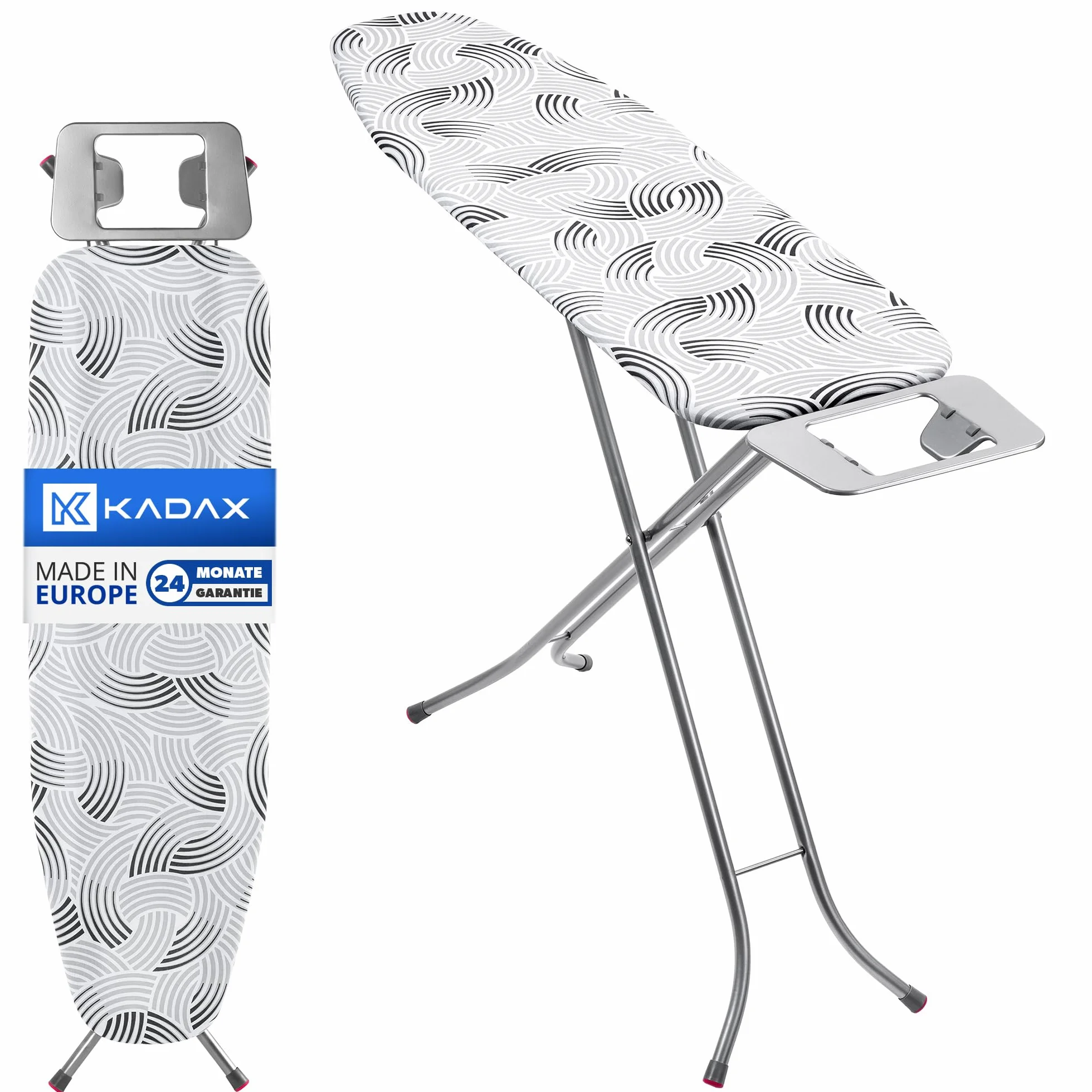 KADAX Deska do prasowania 114 x 34 cm do żelazek parowych z półką na żelazko i 5 mm podkładem, metalowa siatka odprowadza parę, antypoślizgowe stopki zapobiegają przesuwaniu