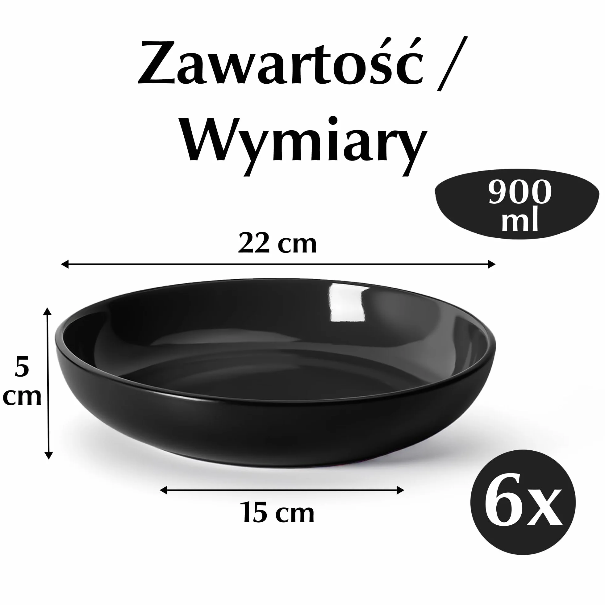 MIAMIO – 900 ml / 22 cm Zestaw 6 misek do makaronu i sałatek, szerokie i płytkie talerze z ceramiki – kolekcja Le Papillon- (Czarny)