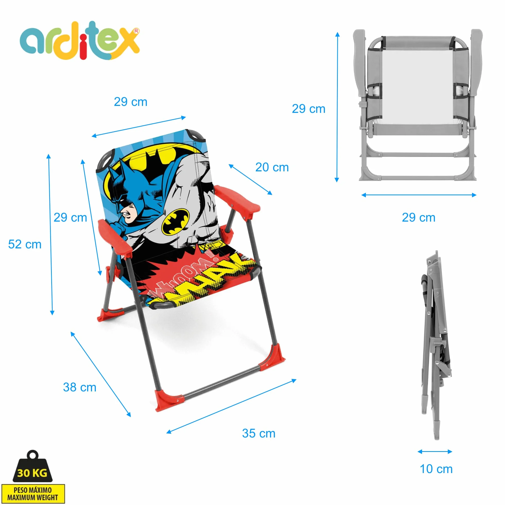 ARDITEX Krzesło składane z ramionami Batmana firmy DC Comics - 38 x 32 x 53 cm - Nadaje się do ogrodu, na kemping, plażę lub w górach - idealne dla chłopców i dziewcząt.