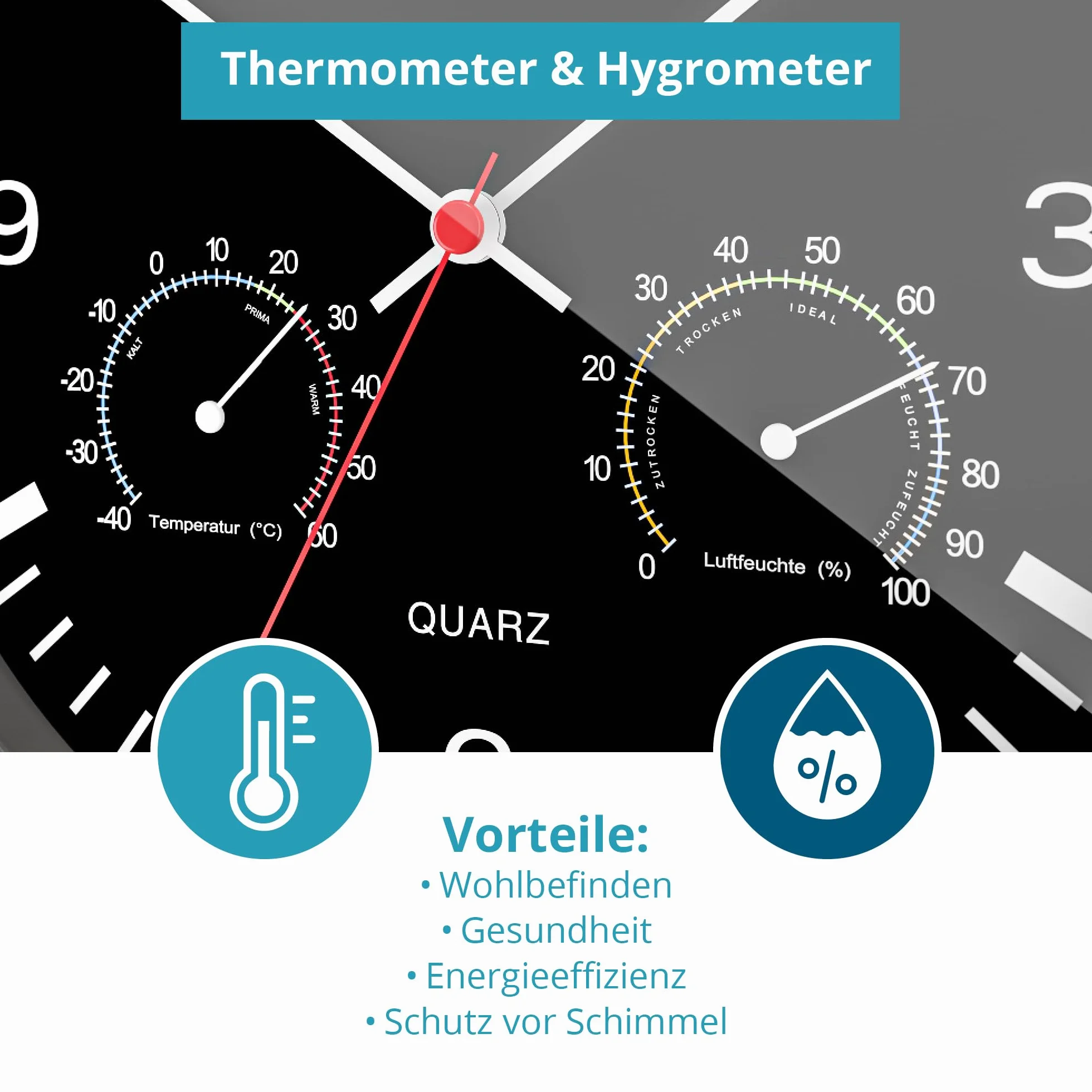MEBUS Quarz-Wanduhr mit Thermometer und Hygrometer/silberner Rahmen/schwarzes Zifferblatt / 25cm Durchmesser/Rund/Modell: 56731 / Farbe: Silber, Schwarz