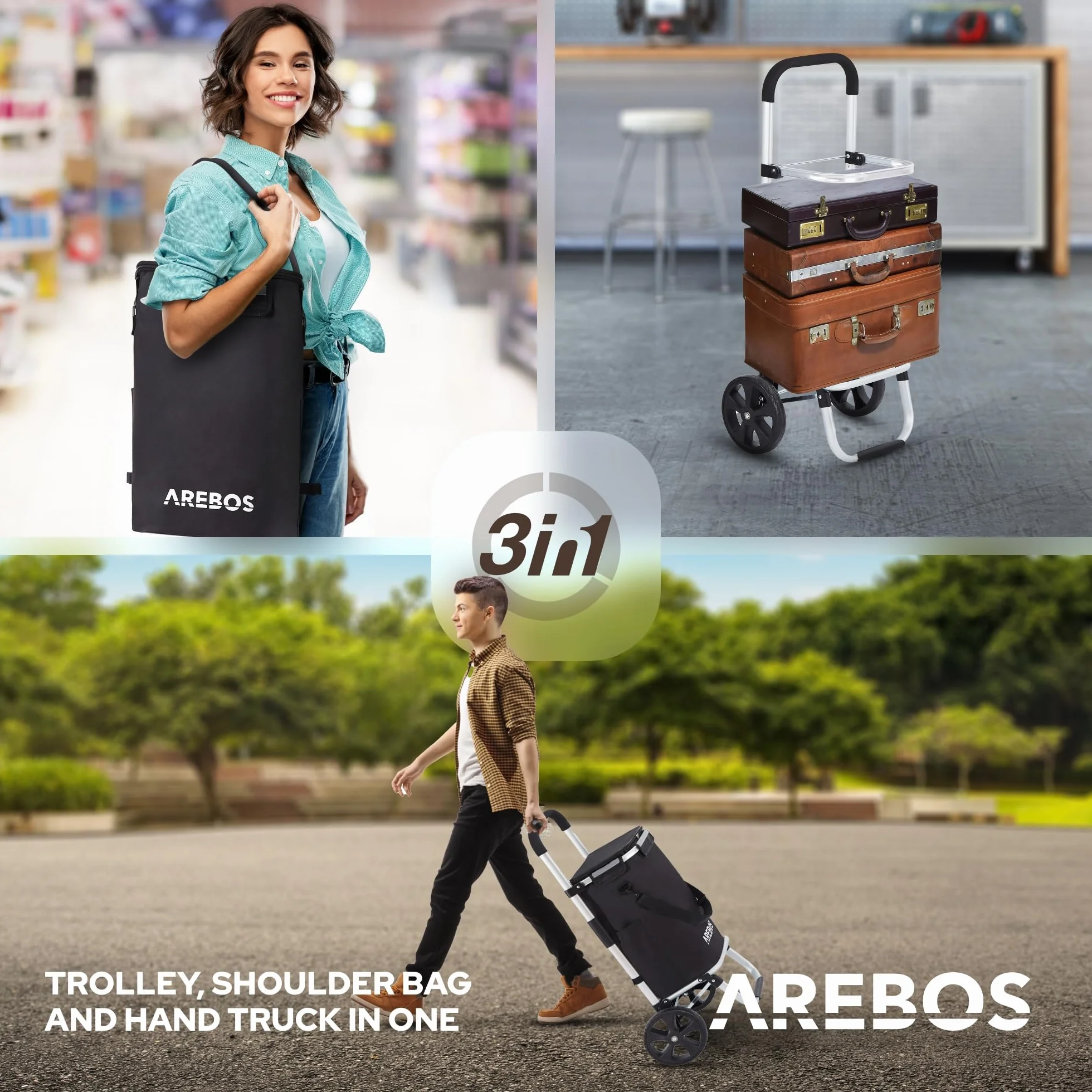 Arebos Wózek na zakupy 3w1 | wózek duży 56 litrów | z komorą chłodzącą | torba na zakupy na kółkach | składany shopper | składana torba odczepiana | wózek ręczny | czarny