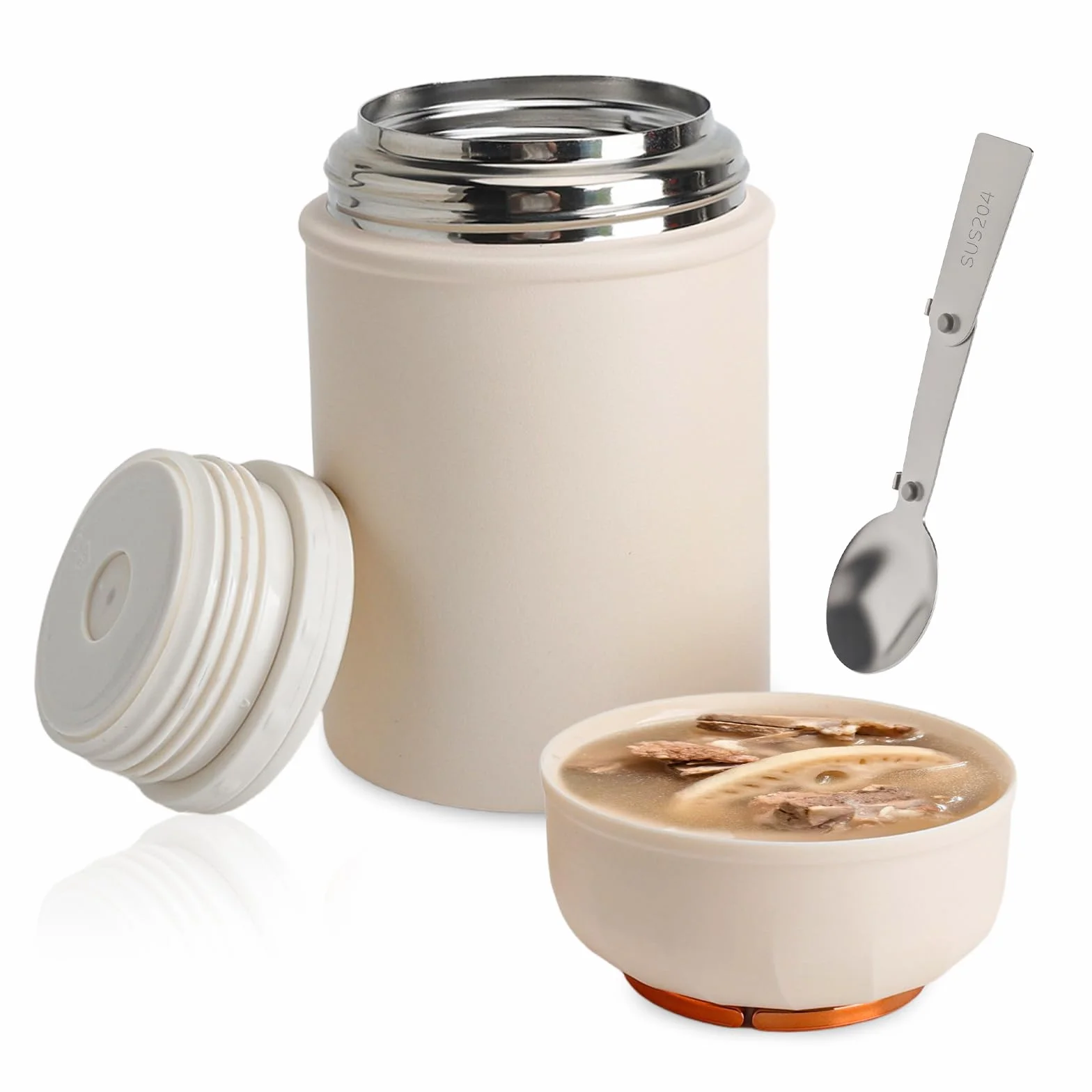 Pojemnik termiczny na jedzenie, 500 ml, ze stali nierdzewnej, z łyżeczką, kubek na musli na wynos, pojemnik termiczny na lunch do zamrażarki, zmywarki, dla dorosłych (biały)