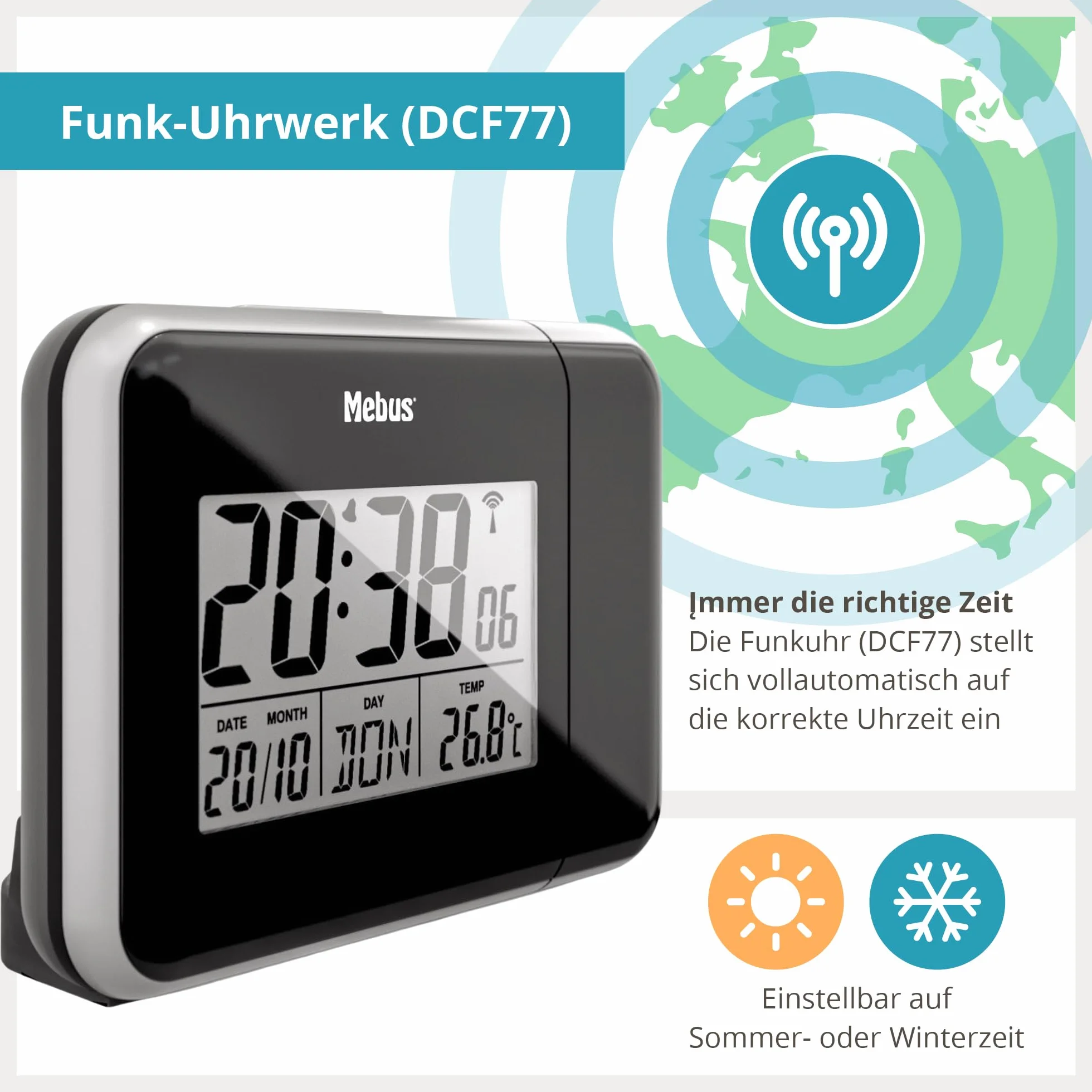 Mebus cyfrowy radiobudzik z projekcją czasu na ścianie sufitowej, w tym wtyczka zasilania, możliwość pracy na baterie, projekcja ciągła, obrotowy, termometr/kolor: czarny/model: 42425
