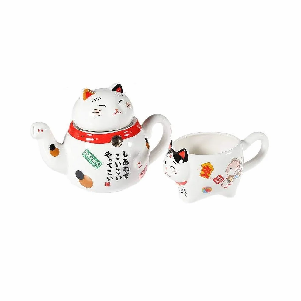 Japoński serwis do herbaty Maneki Neko – dzbanek z sitkiem i filiżanka z porcelany – prezent na urodziny