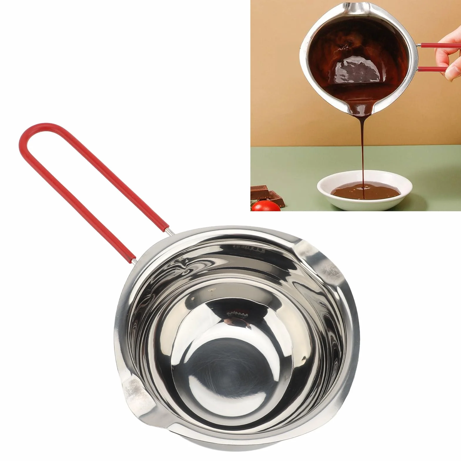 Tygiel do Czekolady o Pojemności 500 Ml, Solidna Miska ze Stali Nierdzewnej 304 na Masło Serowe, do Robienia świec, Podwójne Wylewki, Fajne Uchwyty, z Haczykiem, do Użytku z