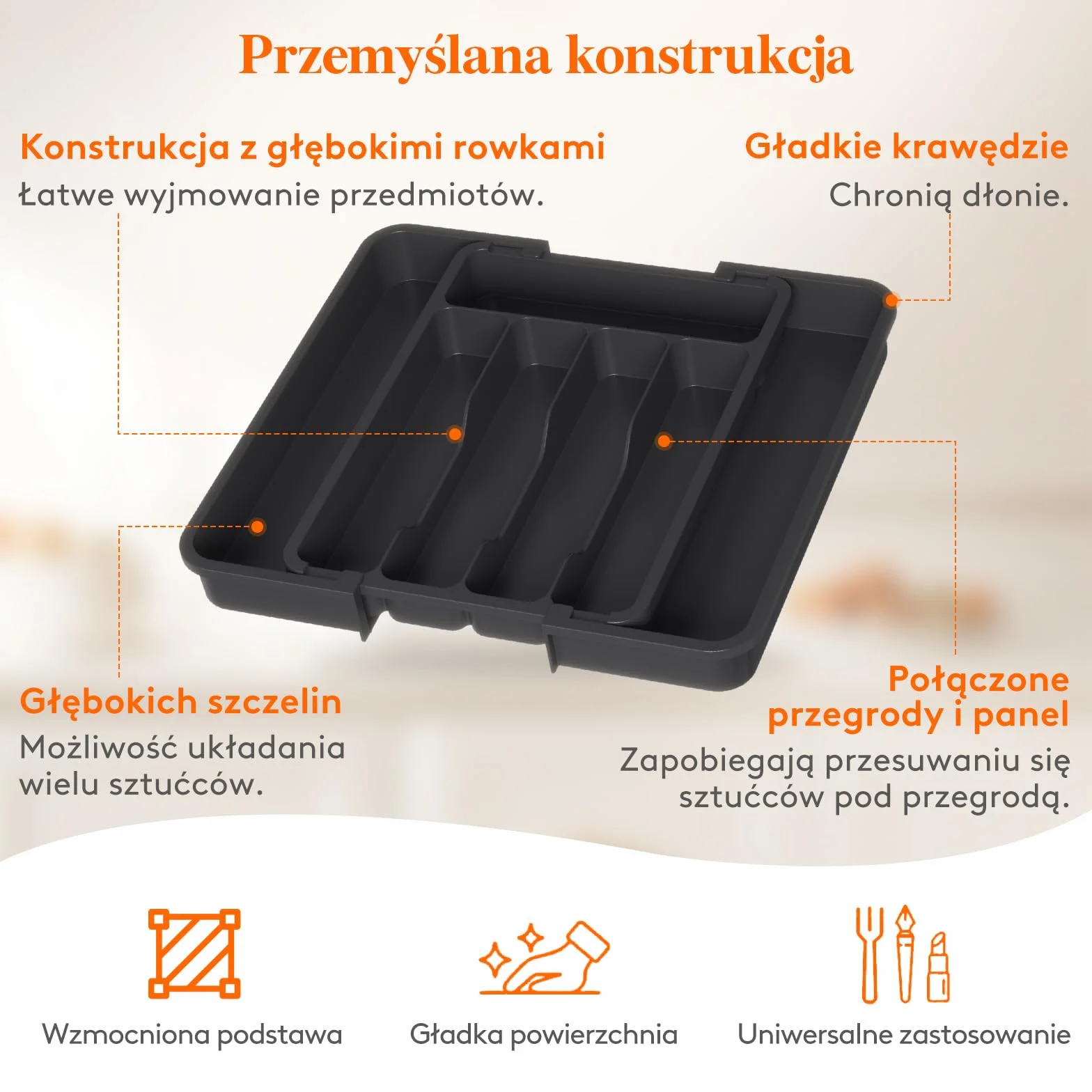 Lifewit Organizer do Szuflady Kuchennej na Sztućce, Rozszerzalna Wkład do Szuflad, Plastikowe Taca na Sztućce na Łyżki/Widelce/Noże, Głębokość 30,9 cm, Szerokość 22,6–37,3 cm, Czarny