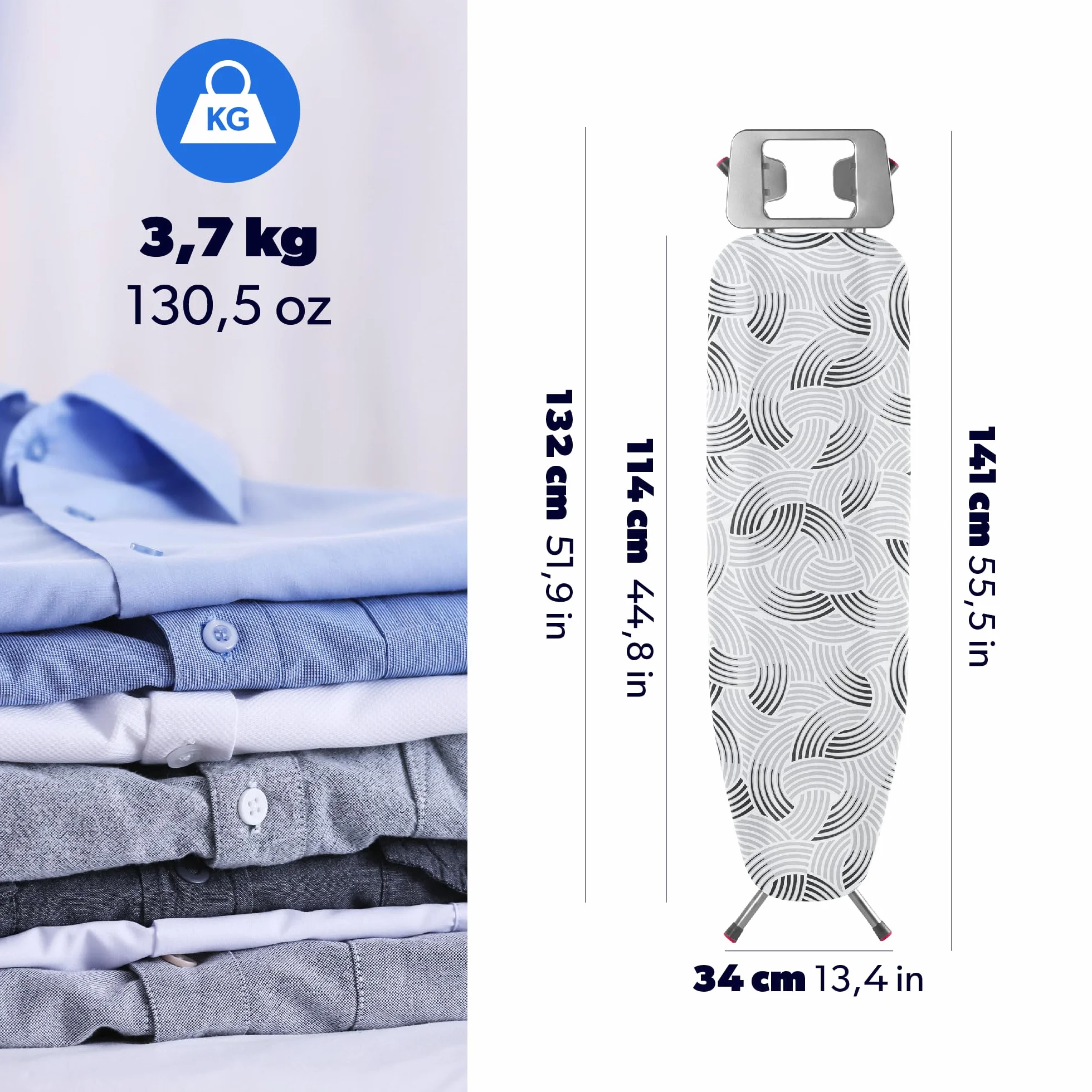 KADAX Deska do prasowania 114 x 34 cm do żelazek parowych z półką na żelazko i 5 mm podkładem, metalowa siatka odprowadza parę, antypoślizgowe stopki zapobiegają przesuwaniu