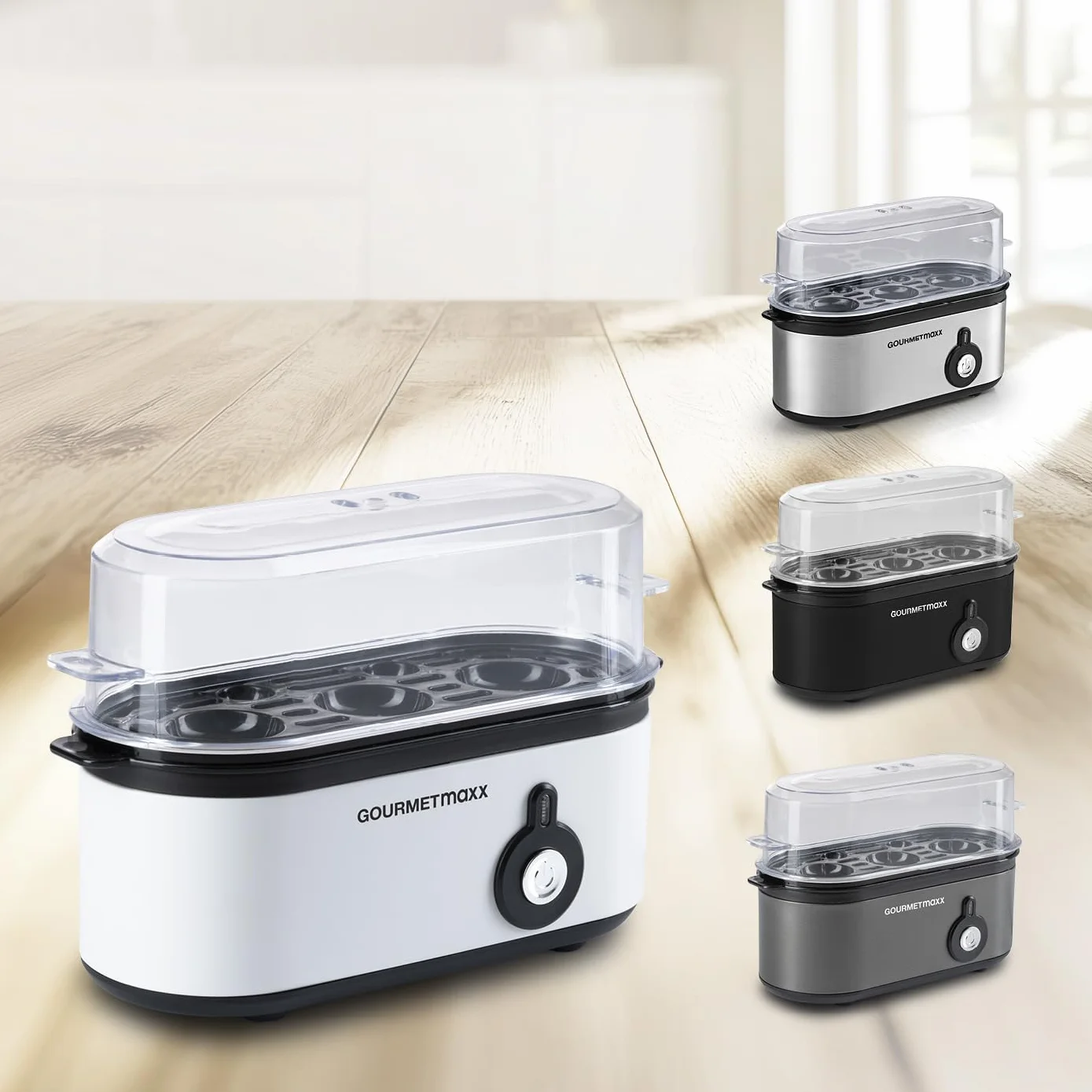 GOURMETmaxx Jajowar na 3 jajka | bojler do jajek z wykrawaczem do jajek w miarce | Egg Cooker – 3 stopnie twardości do kieliszków do jajek | Design mały jajowar – części nadające się do mycia w
