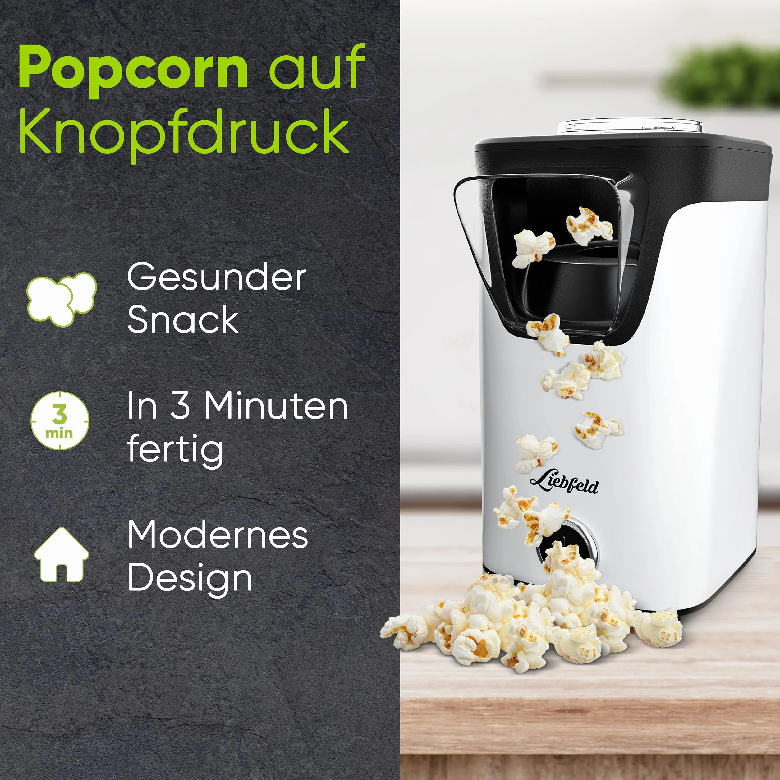 Liebfeld Domowa maszyna do robienia popcornu, w zestawie instrukcja Pop Corn Guide, bez tłuszczu i oleju, biała