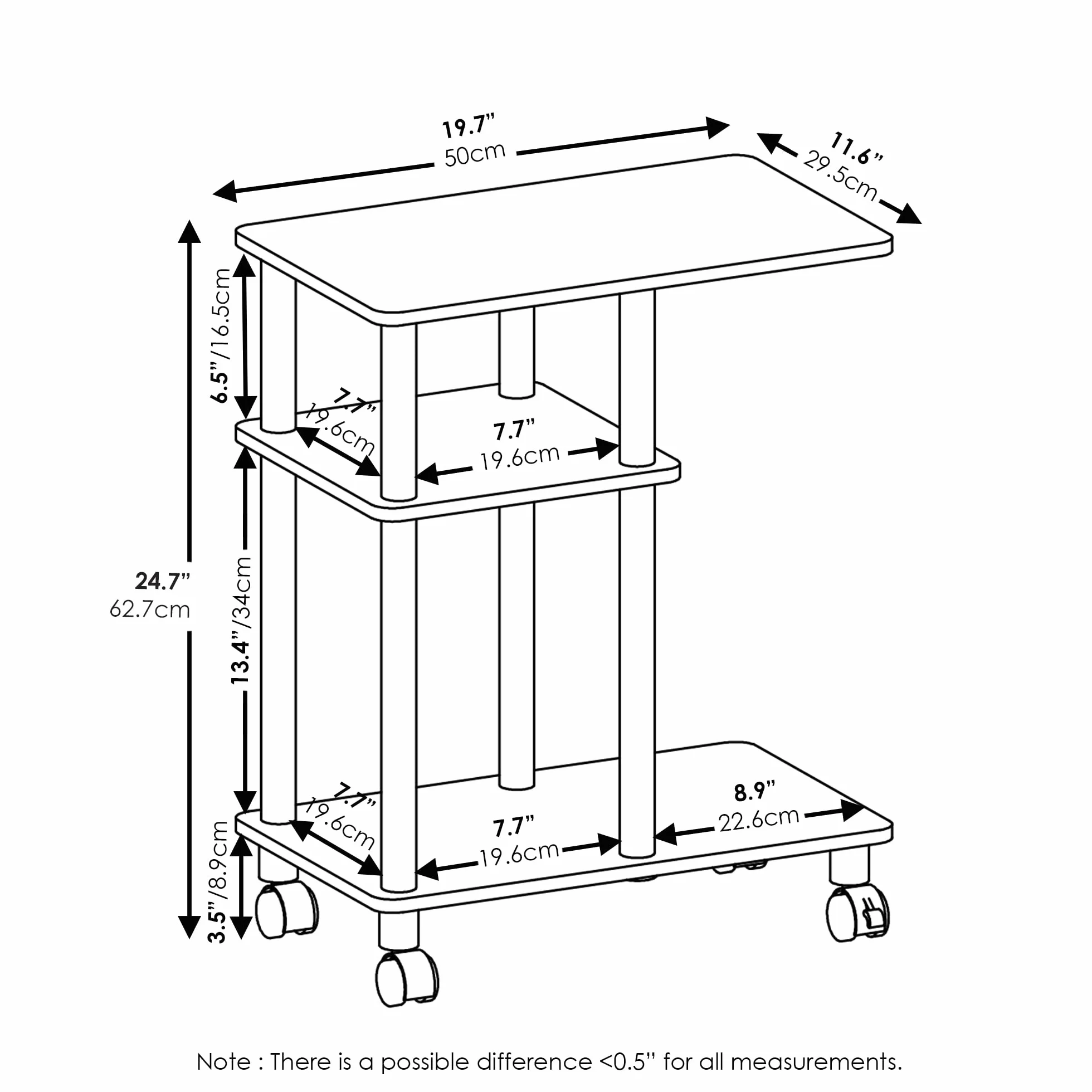 Furinno Turn-N-Tube stolik pomocniczy do sofy w kształcie litery U z kółkami, dąb francuski/czarny