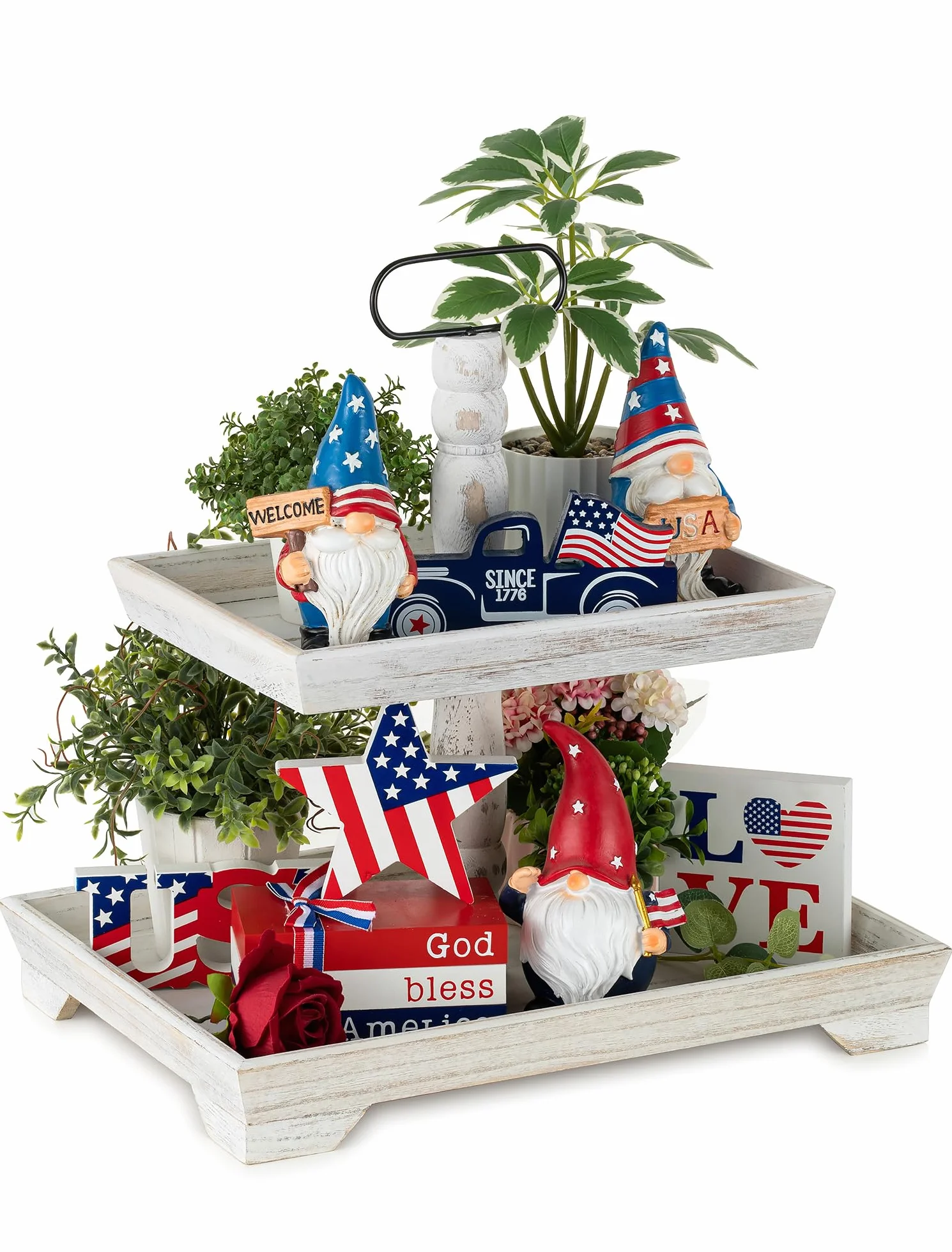 Hanobe Tiered Tray for Table Decor: 2 Tier Serving Stand Farmhouse Decorative Tray for Coffee Bar Centerpiece Rectangle Wood Display Stands Kitchen Counter (Rustic White)