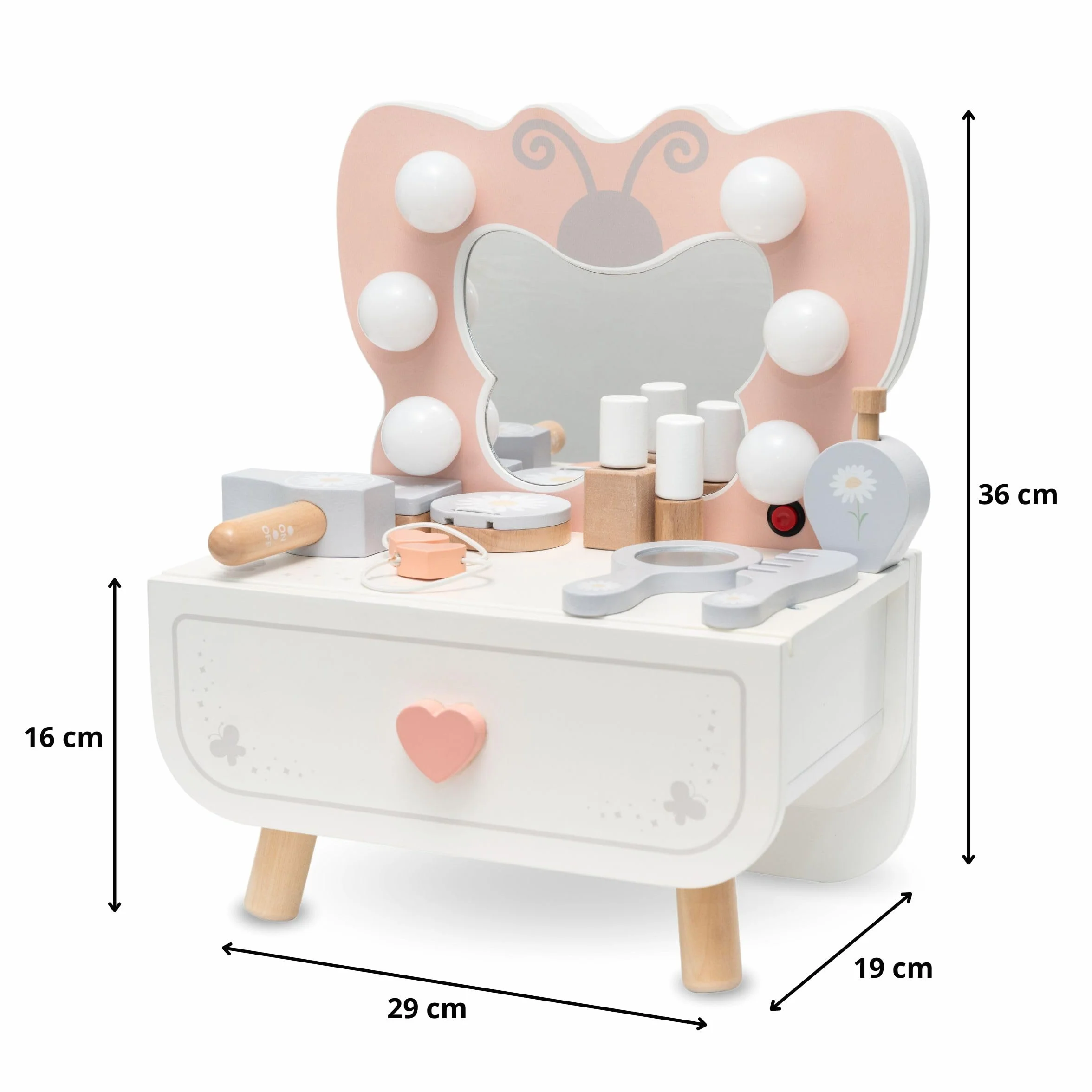 Mamabrum Drewniana Mini Toaletka dla Dzieci z Oświetleniem LED i Lustrem, Motylek, Akcesoria, 3+