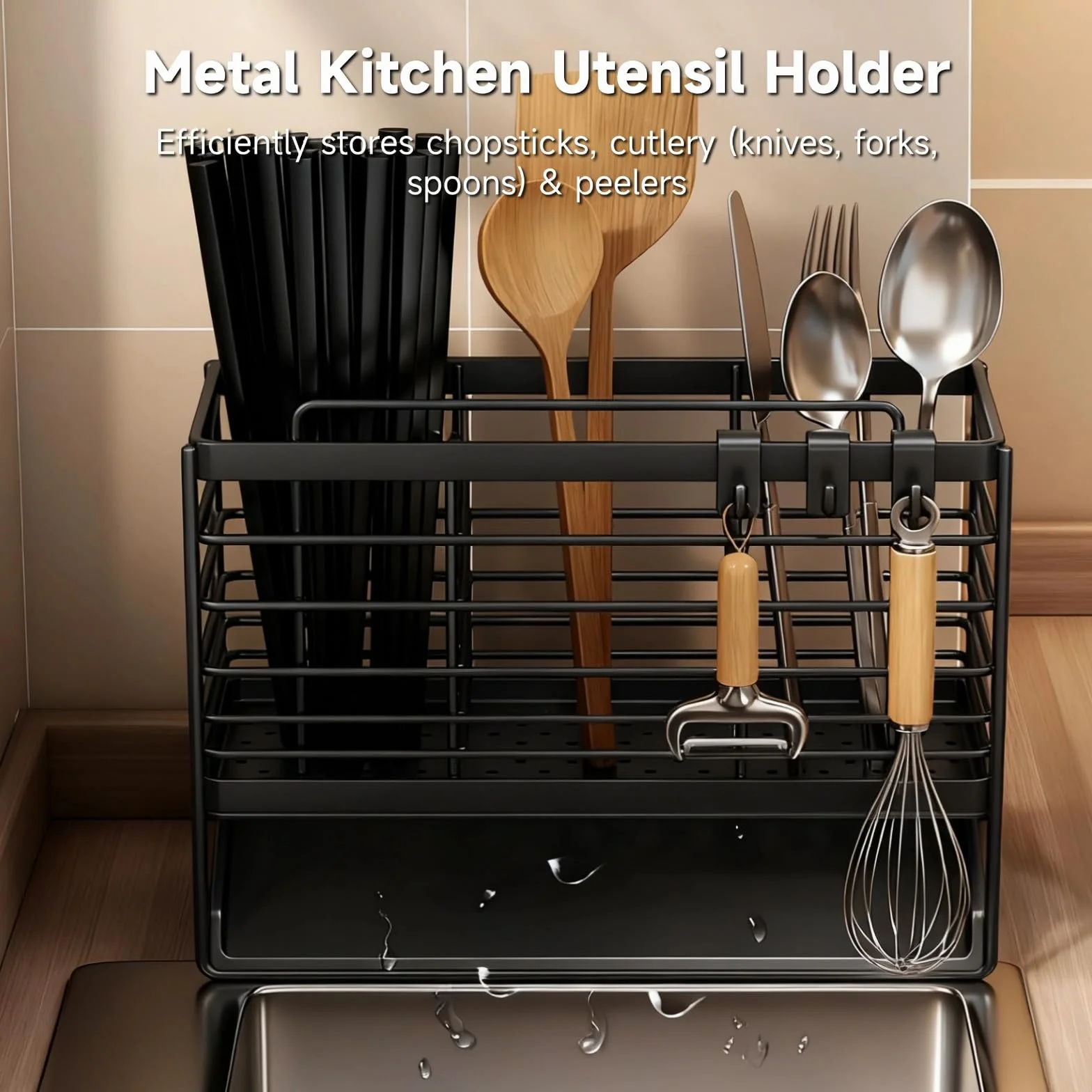 BOSREROY Organizer na sztućce metalowy 3-komorowy czarny 6x20 cm ścienny z haczykami