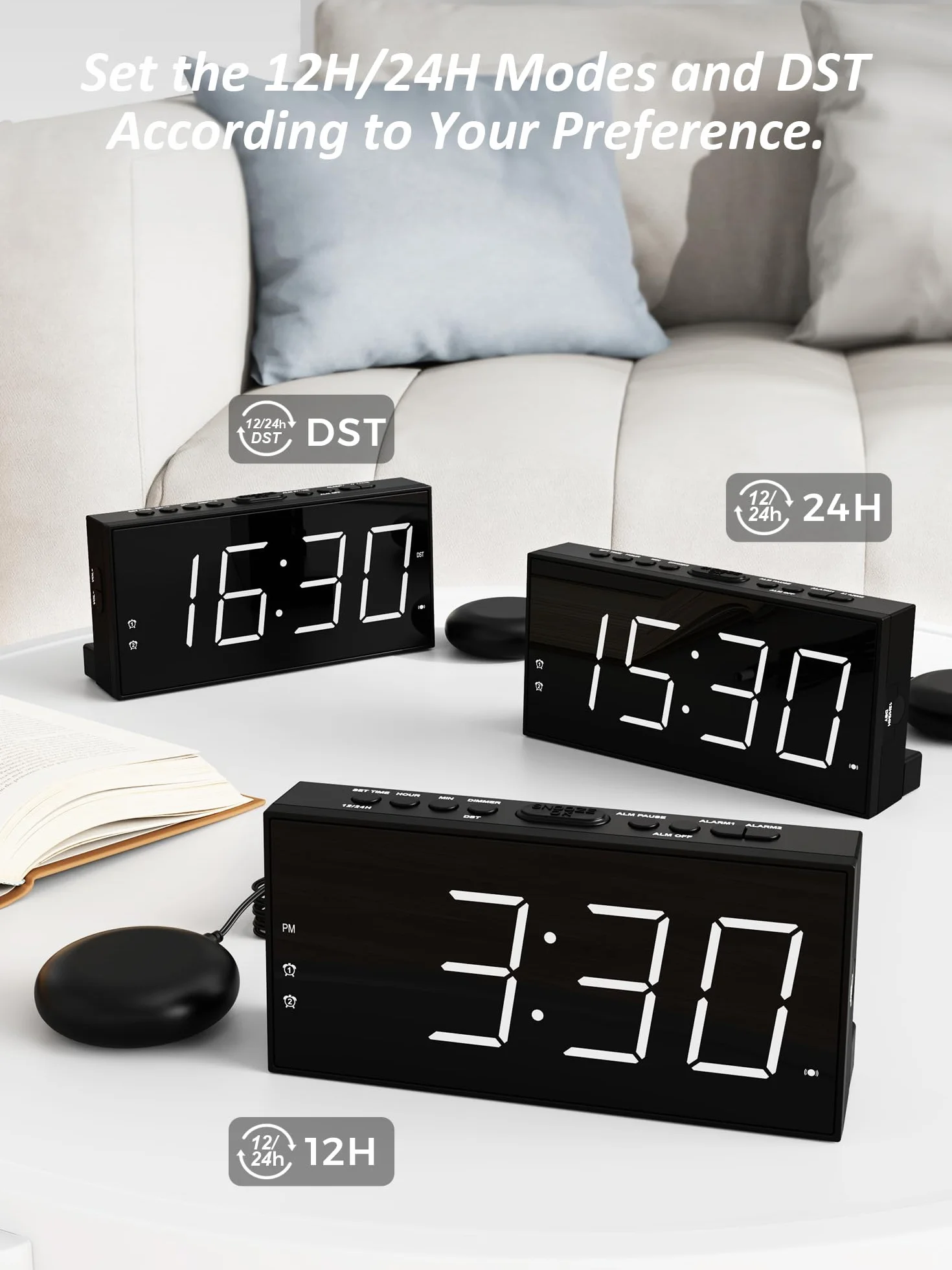 Mesqool Głośny budzik wibracyjny z funkcją spania dla niesłyszących, podwójny alarm, USB, duży wyświetlacz, 12/24h