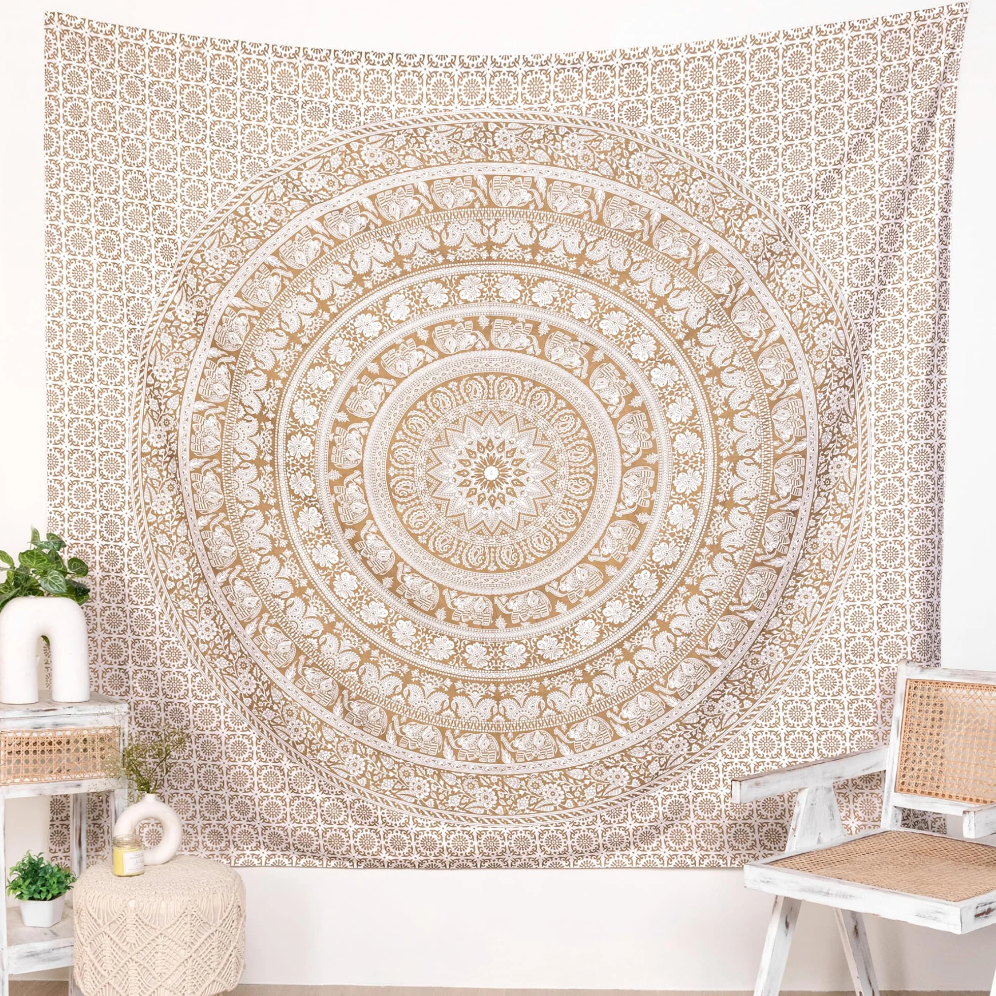 Boho bawełniany gobelin ścienny złoty 127 x 152 cm