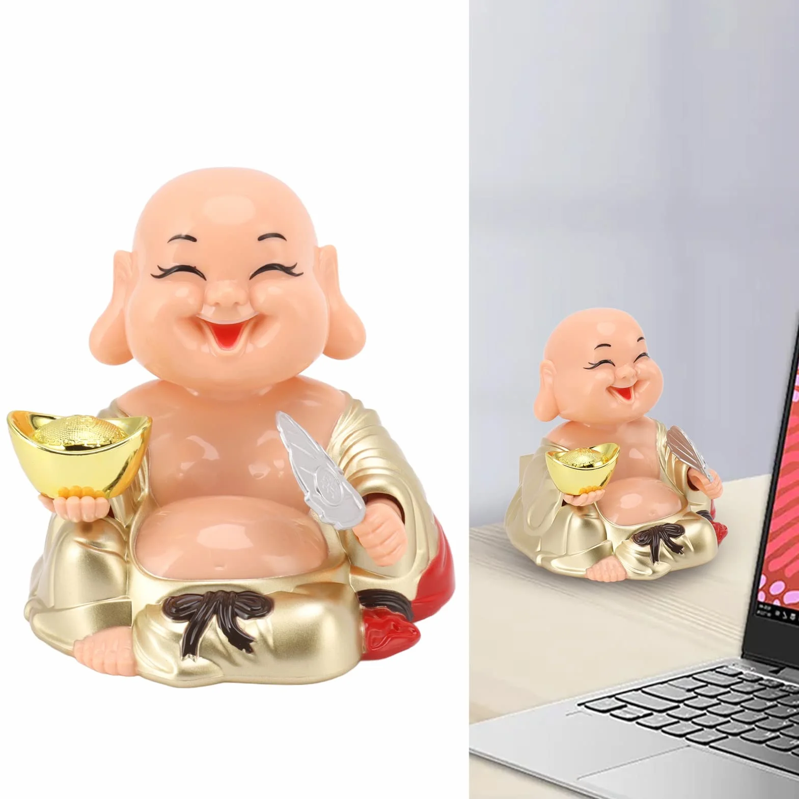 Zabawna Słoneczna Śmiejący się Budda Ozdoba Automatyczna Kiwająca Głową Uśmiechnięty Budda z Tworzywa Sztucznego 9,5 x 9,5 x 9,3 cm do Biurka Okna Domu