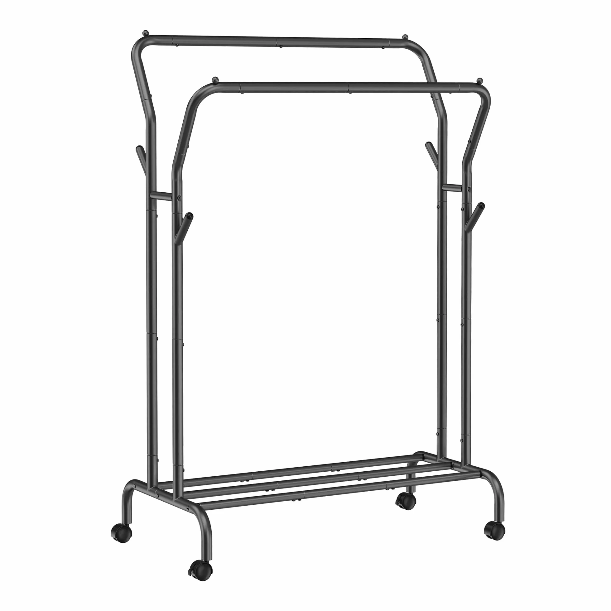 SONGMICS Wieszak na ubrania na kółkach, 2 drążki na ubrania, drążek garderobiany z rur stalowych, obciążenie do 100 kg, szerokość 103,5 cm, wielofunkcyjne przechowywanie, czarny HSR107B01