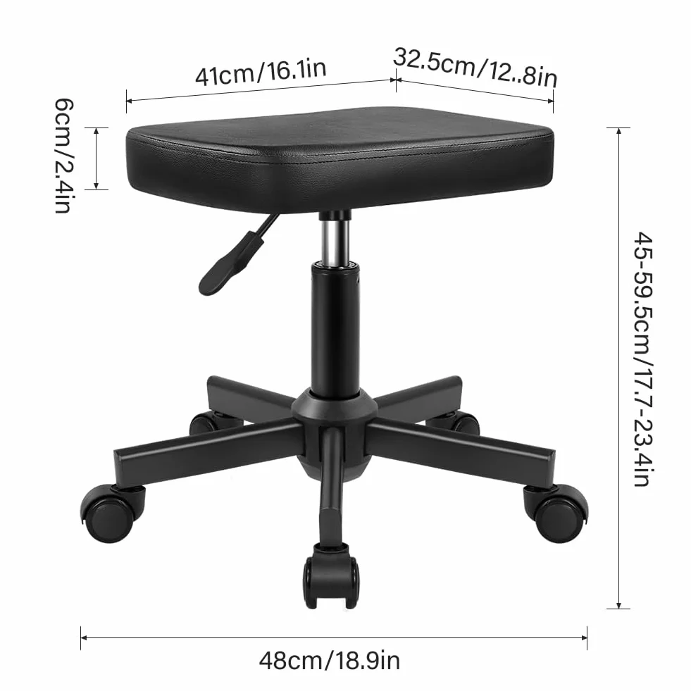 Taboret z regulacją wysokości, obrotowy o 360°, z kółkami, kwadratowe siedzenie, ze skóry PU, do sypialni, blatu, sklepu, salonu, masażu, domowego biura, czarny