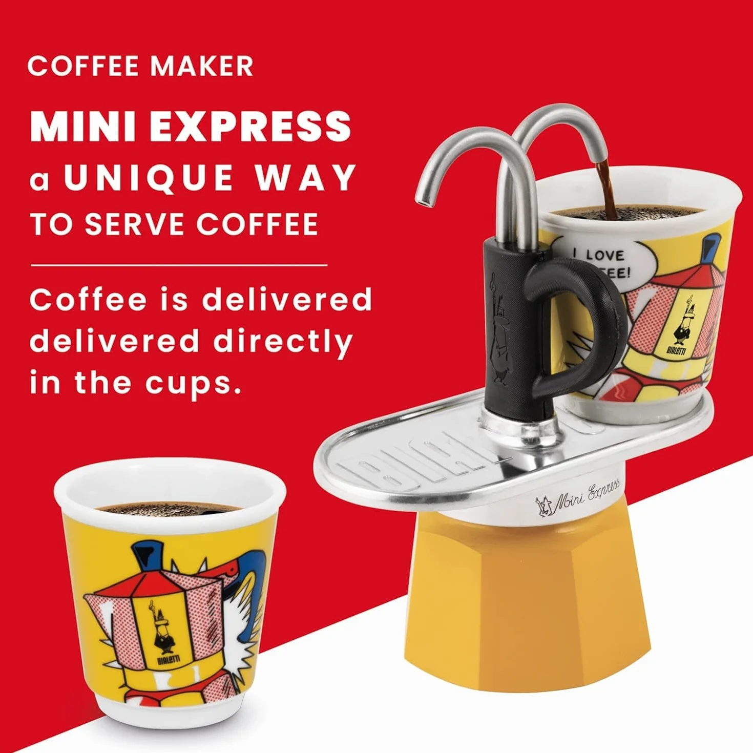Bialetti Mini Express żółty dzbanek do kawy + 2 kubki