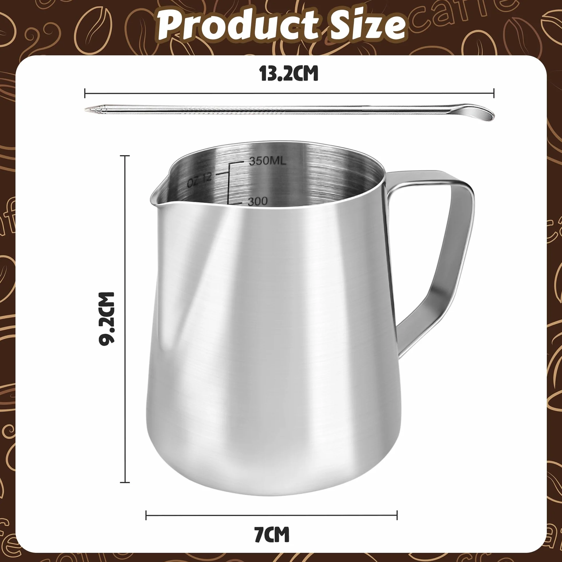 Dzbanek na mleko, ręczny dzbanek do spieniania mleka 304 ze stali nierdzewnej, dzbanek na mleko z oznaczeniem pojemności 350 ml 12oz Barista, dzbanek na mleko do cappuccino, latte art, espresso